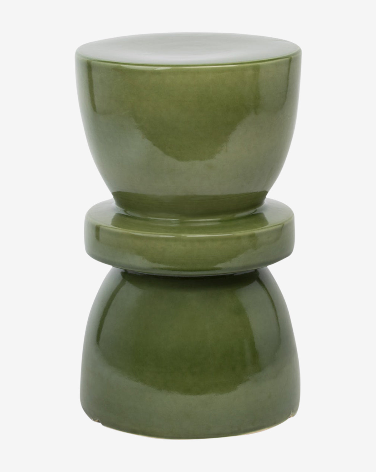 The Malin Accent Table features a glossy green ceramic finish and a symmetrical hourglass design with rounded seat and base, making it a stylish geometric accent for any space, by McGee & Co.