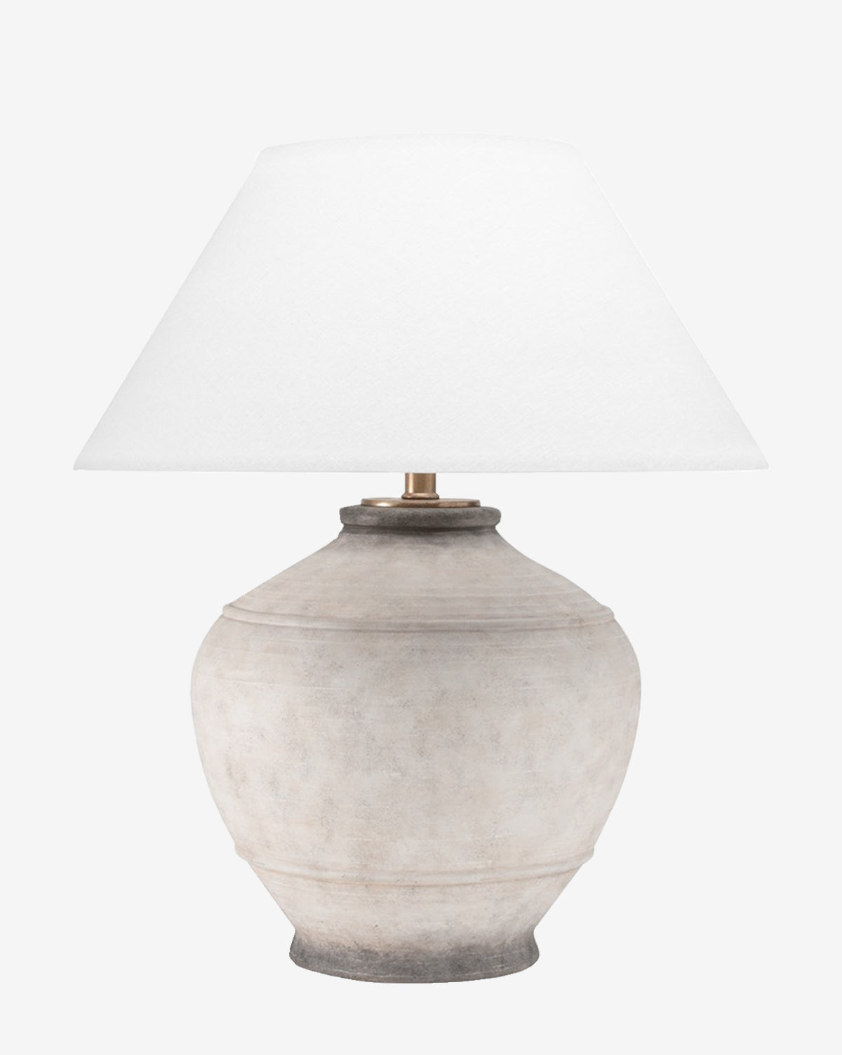 The Malta Table Lamp features a round, textured beige ceramic base with a wide Belgian linen shade, displayed on a plain white background by McGee & Co.