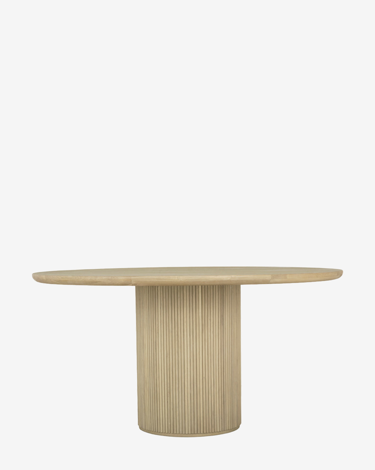The Manderson Dining Table is a round oak table with a smooth top and a wide, cylindrical reeded base featuring vertical grooves, shown against a plain white background by McGee & Co.