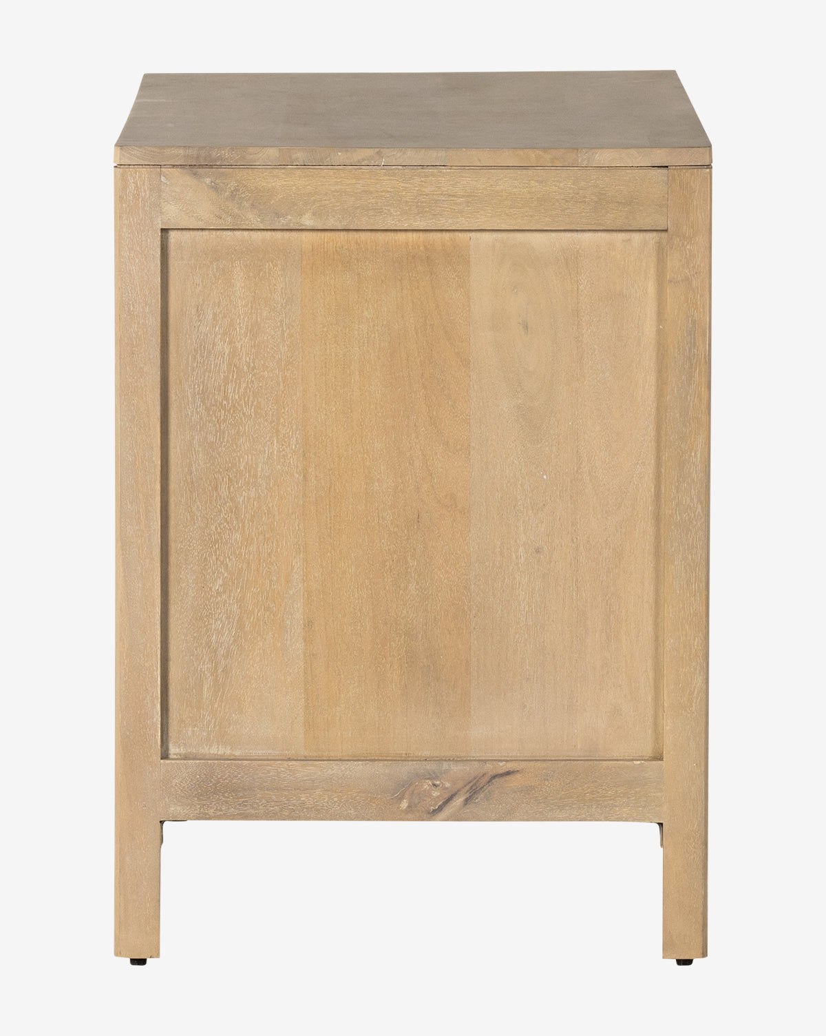 The Margaery Nightstand features a square mango wood design with a light natural finish, flat top, and simple straight legs, shown from the front against a white background by McGee & Co.
