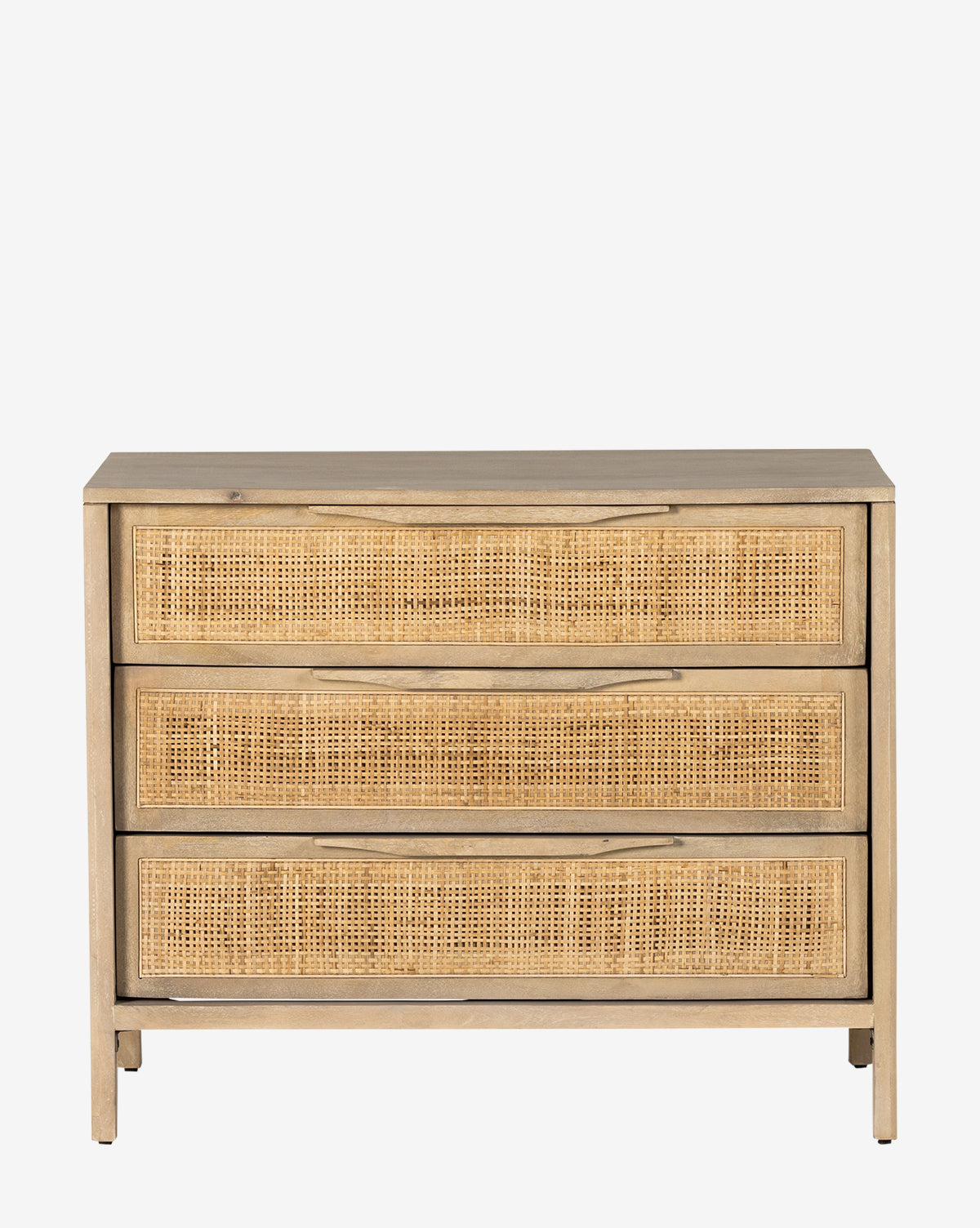 The Margaery Nightstand is a solid wood dresser with three drawers featuring woven rattan fronts and a natural, rustic finish that adds warmth to any space, by McGee & Co. Set against a plain white background.