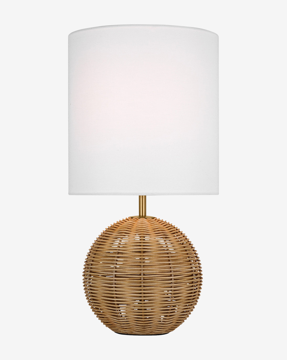 The Mari Table Lamp adds style to any space with its round woven rattan base and white linen shade, by McGee & Co.