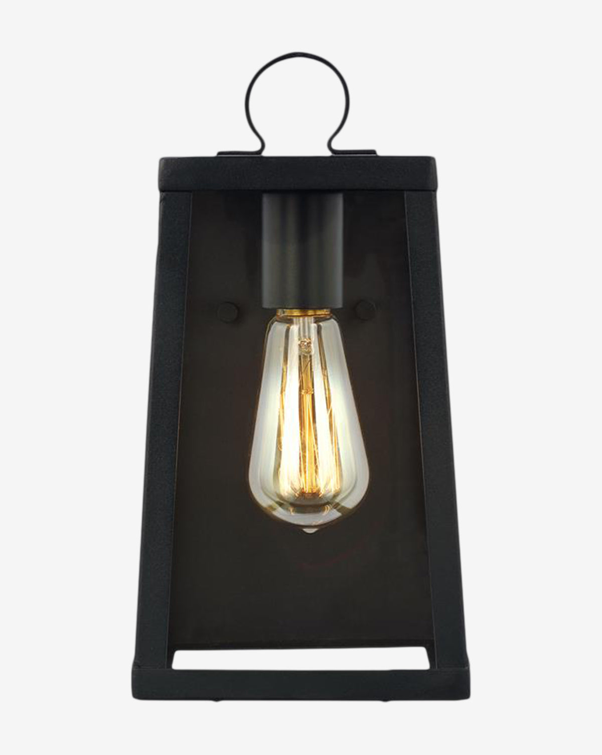 The Marinus Outdoor Wall Lantern features a black aluminum and glass frame with a clear front, showcasing an exposed Edison bulb. With its top handle and modern design, this minimal lantern adds style and warm light to any outdoor space, by McGee & Co.