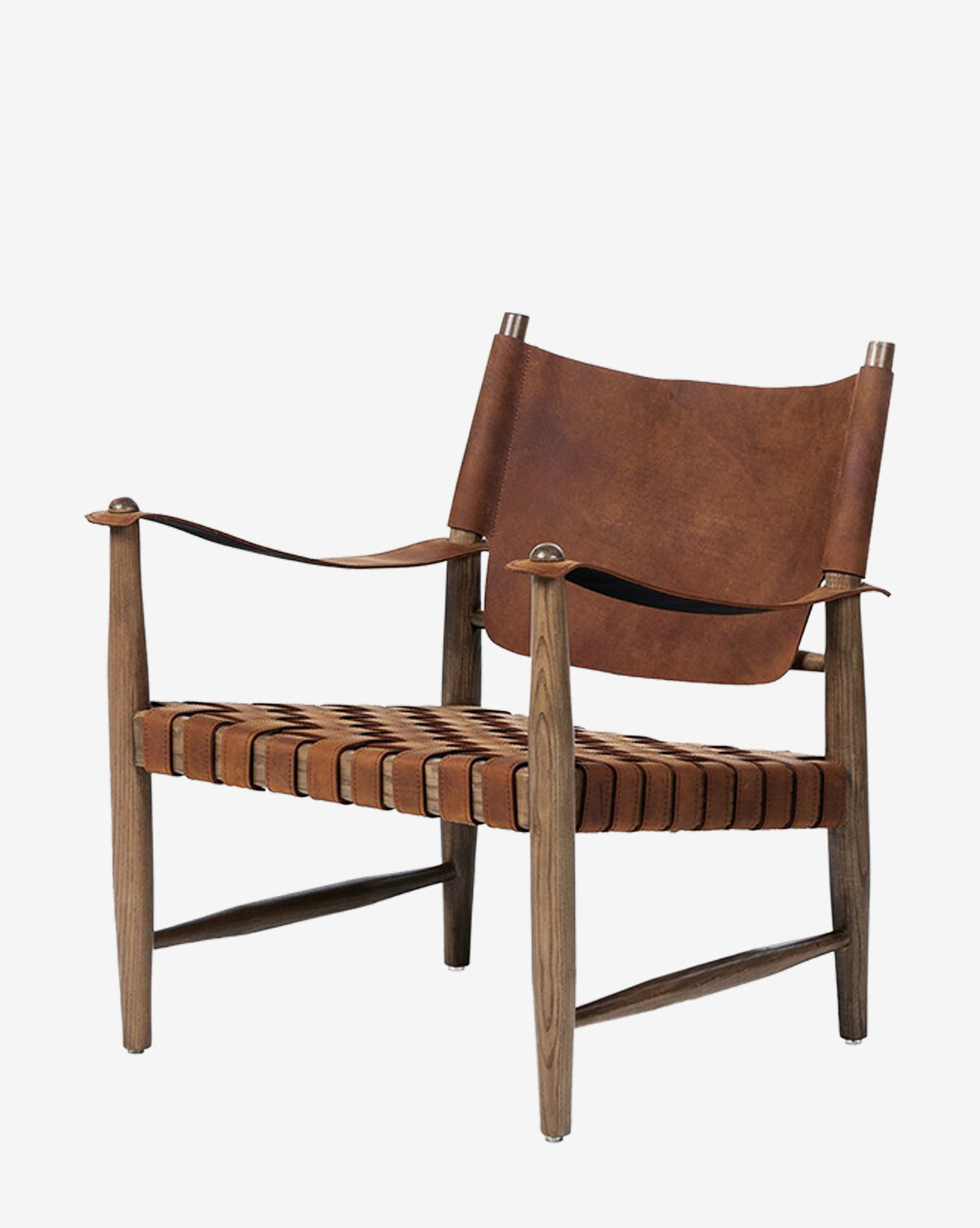 The Maris Lounge Chair offers a minimalist Scandinavian design with a wooden frame, top-grain leather sling backrest, woven leather seat, and armrests for vintage-inspired style, by McGee & Co.