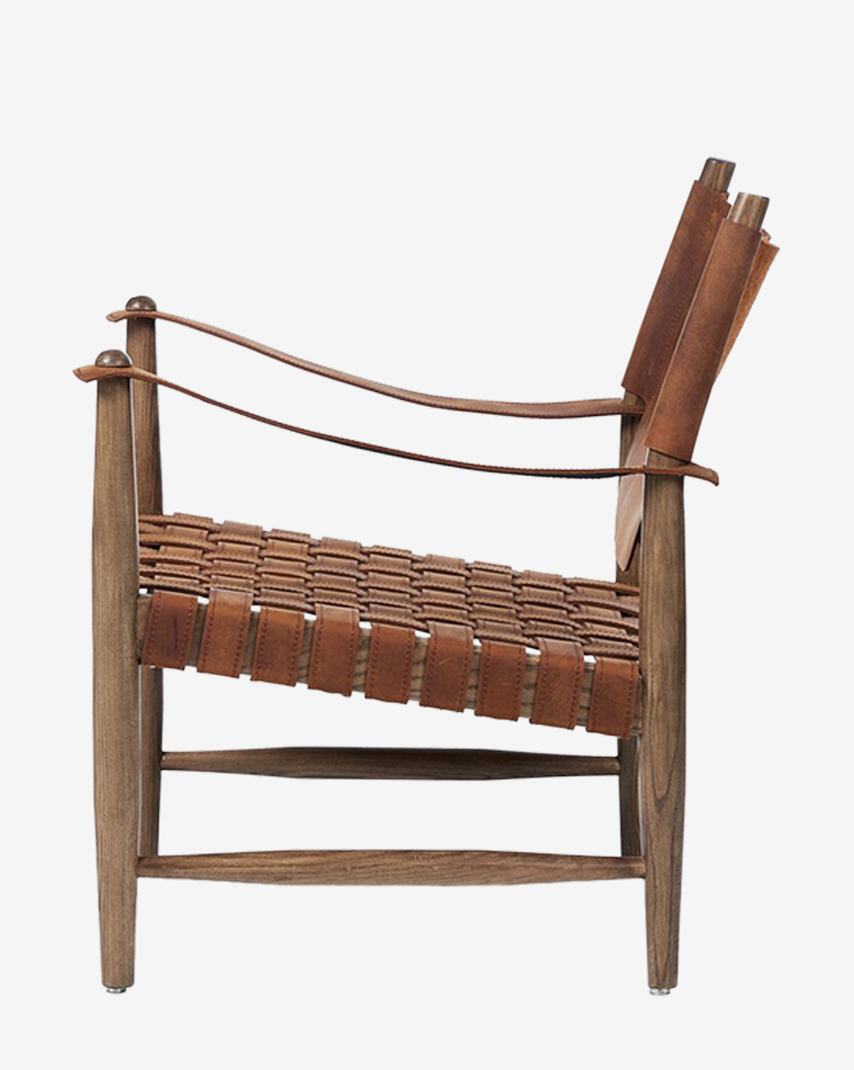 Side view of the Maris Lounge Chair, showcasing its woven brown top-grain leather seat and backrest, curved armrests, and minimalist lines. The vintage-inspired chair is set against a plain white background, by McGee & Co.