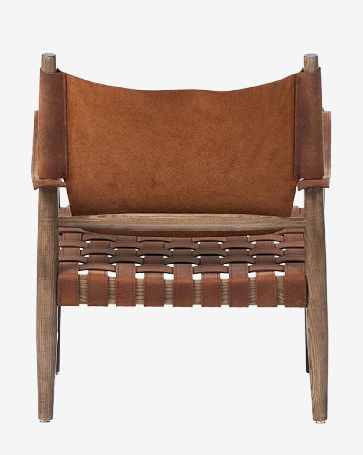The Maris Lounge Chair features a wooden frame, vintage brown top-grain leather woven seat, and suede-like backrest, combining rustic charm with contemporary style, by McGee & Co.