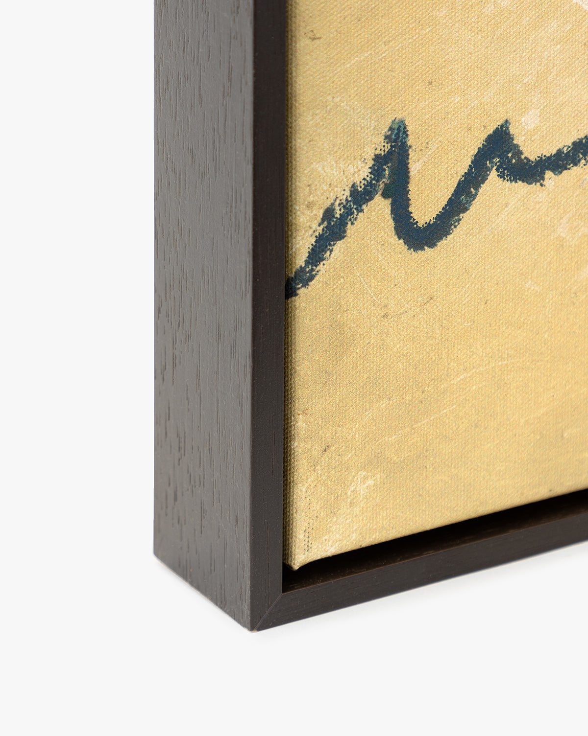 Close-up of Mark Making framed wall art, showcasing a black wavy line on a beige background, with a dark wooden frame along the left and bottom edges, by McGee & Co.