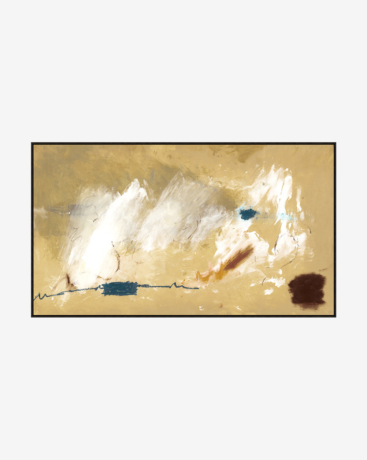 Mark Making is an abstract painting on gallery-wrapped canvas with a beige background and dynamic white, blue, brown, and black brushstrokes. Its sweeping textures create striking, colorful non-representational wall art by McGee & Co.