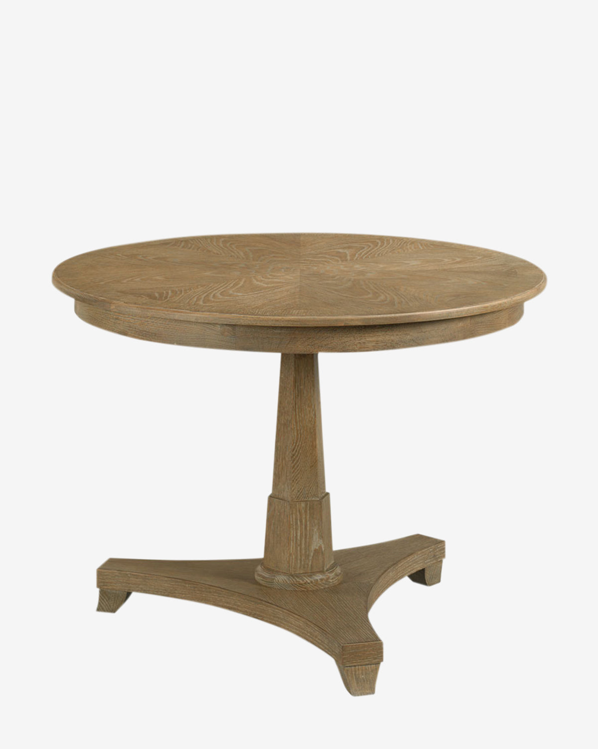 The Marna Entry Table has a round oak tabletop and a sturdy single central support with a three-legged base, shown against a plain white background, by McGee & Co.