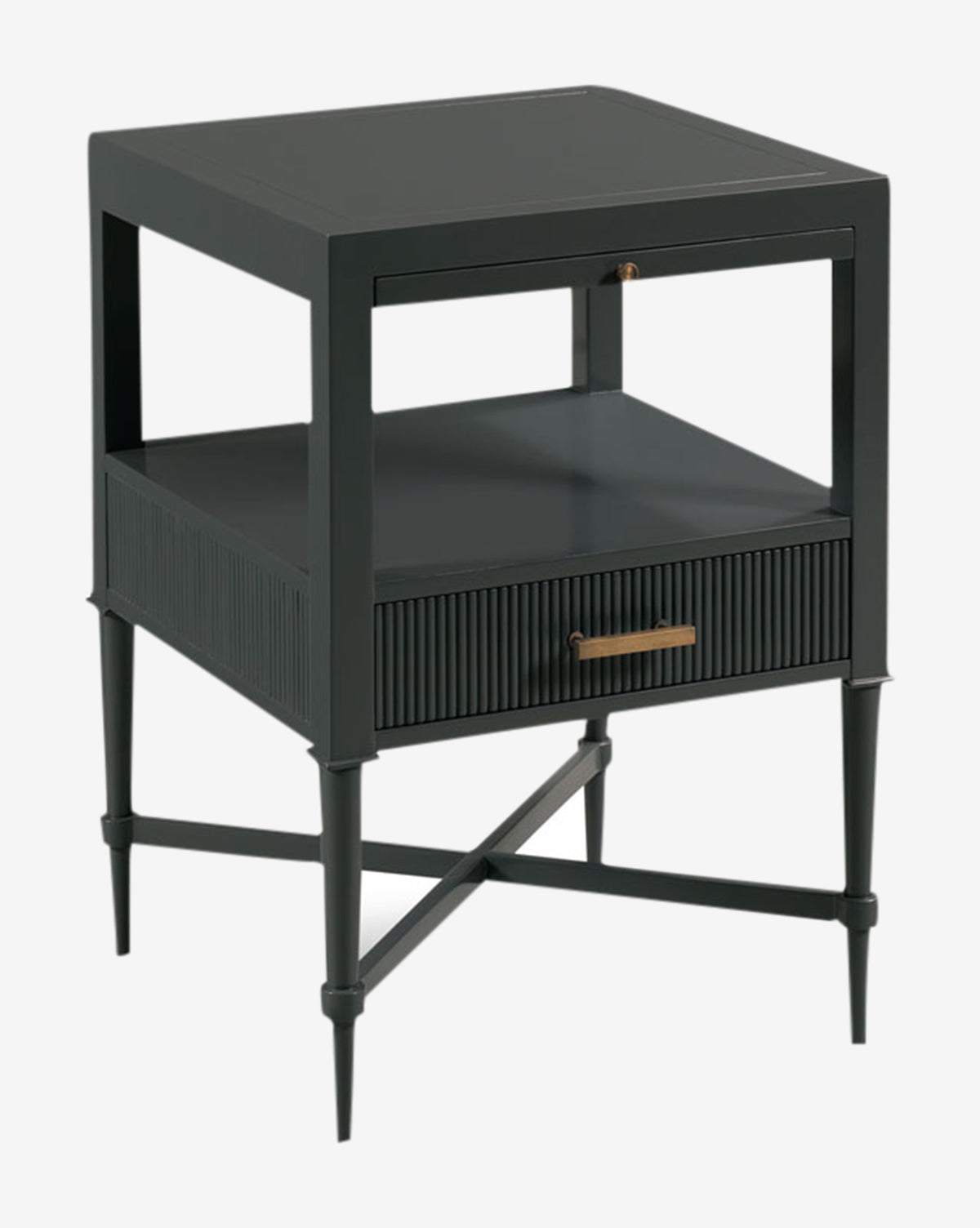 The Martinez Nightstand features a square top, open middle shelf, one drawer with a reeded front and brass hardware, plus slim tapered legs with crossbars, by McGee & Co.
