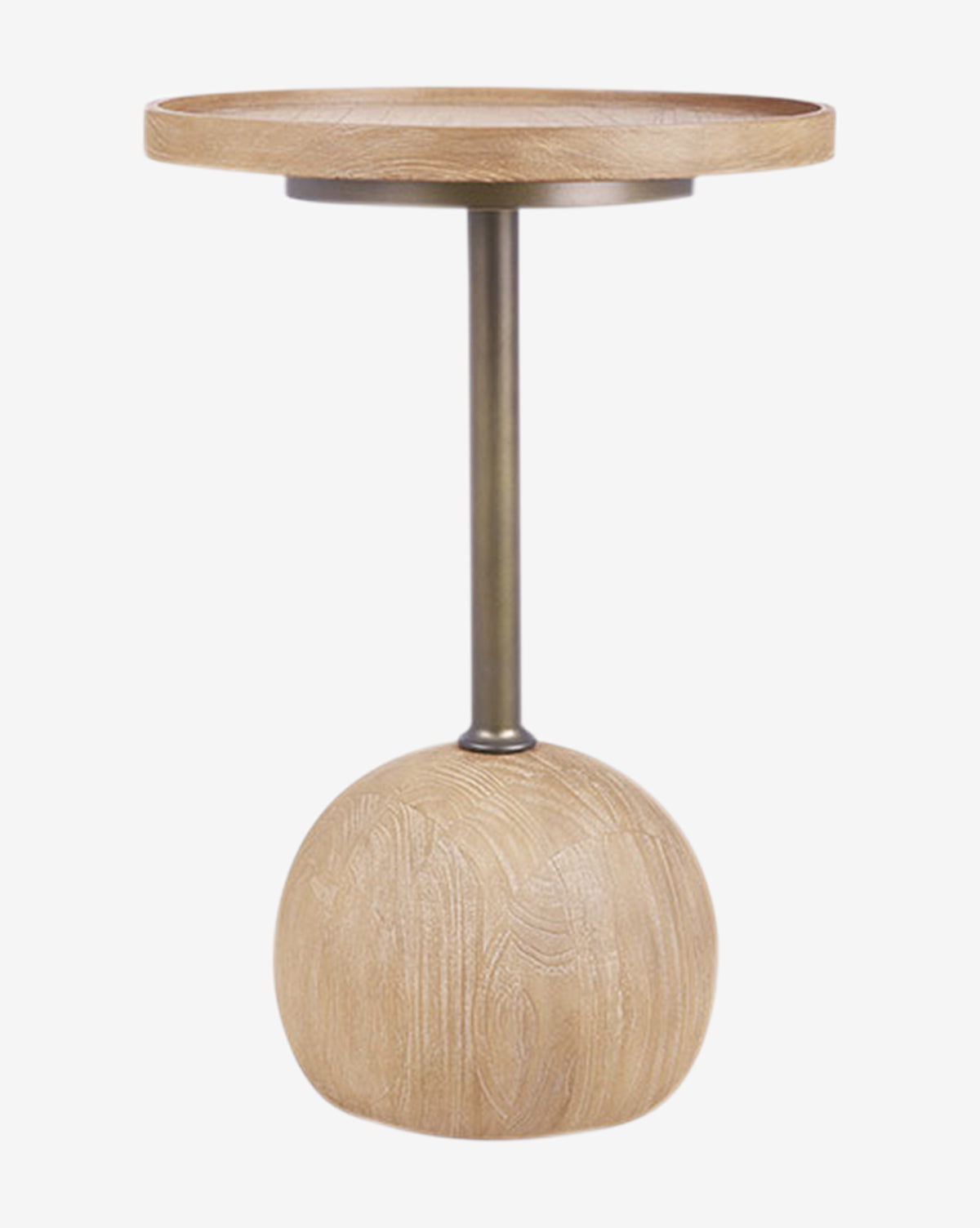 The Maura Side Table pairs a round solid teak top with a sleek metal support arm and a spherical wooden base, by McGee & Co.