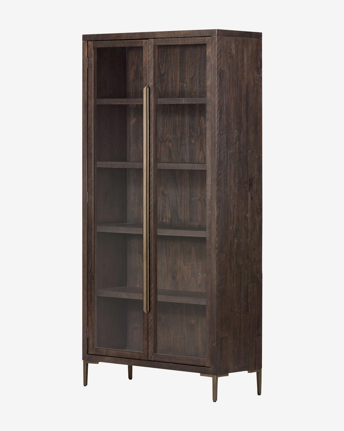The Maverick Cabinet features tall, dark reclaimed pine with glass-paneled doors, vertical brass handles, and iron hardware. Multiple interior shelves offer generous storage or display space, by McGee & Co.
