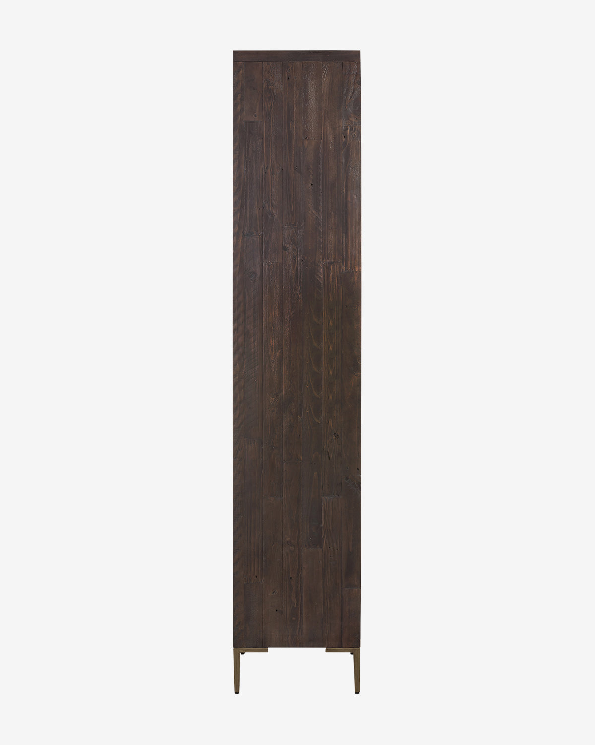The Maverick Cabinet, a tall and narrow piece crafted from reclaimed pine with a smooth dark wood finish, stands on four short metal legs and is shown from the side against a plain white background by McGee & Co.