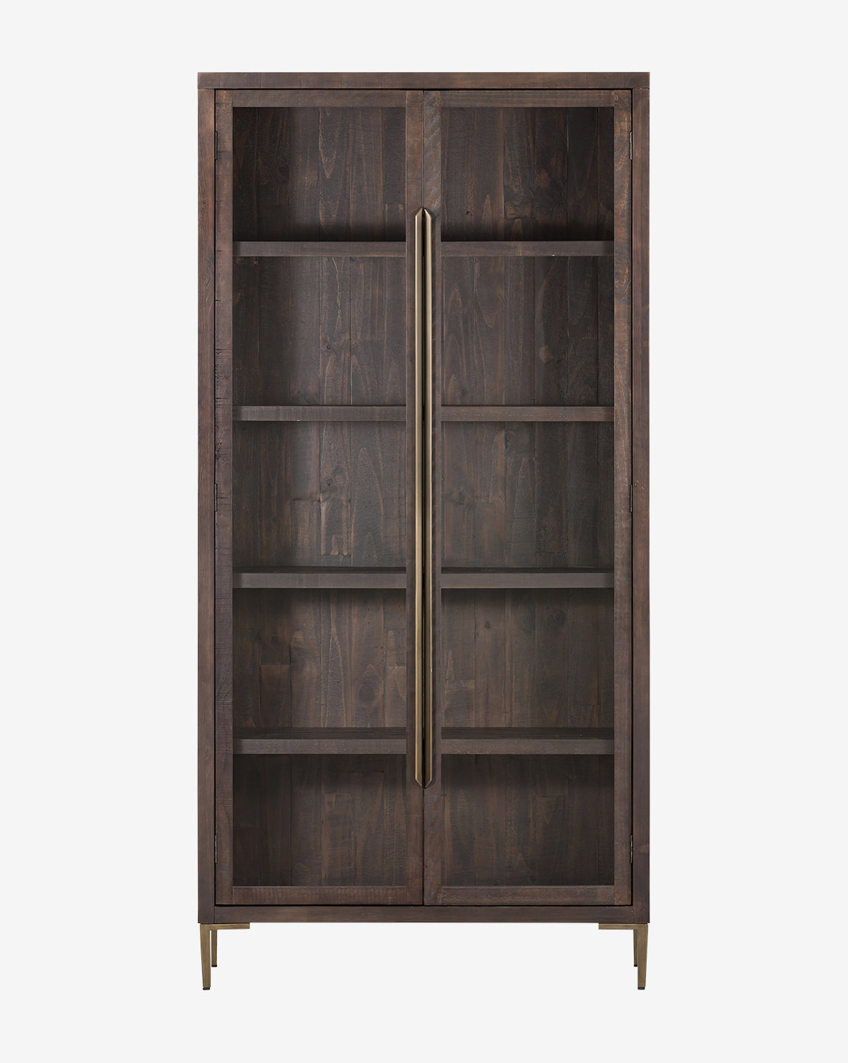 The Maverick Cabinet is a tall, dark reclaimed pine piece featuring glass paneled doors, five interior shelves, gold vertical handles, and short gold legs, by McGee & Co. The cabinet is empty.