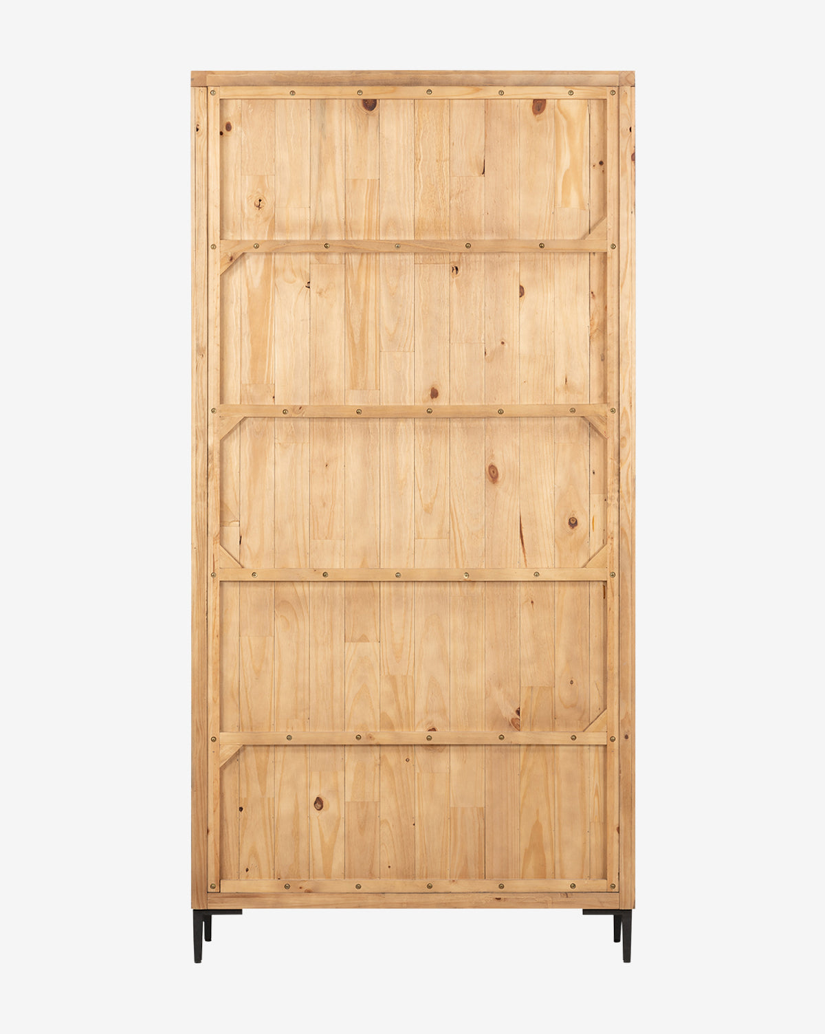 The Maverick Cabinet, crafted from light reclaimed pine, is shown from the back with visible wood grain, knots, iron hardware on horizontal support panels, and four short black legs against a white background by McGee & Co.