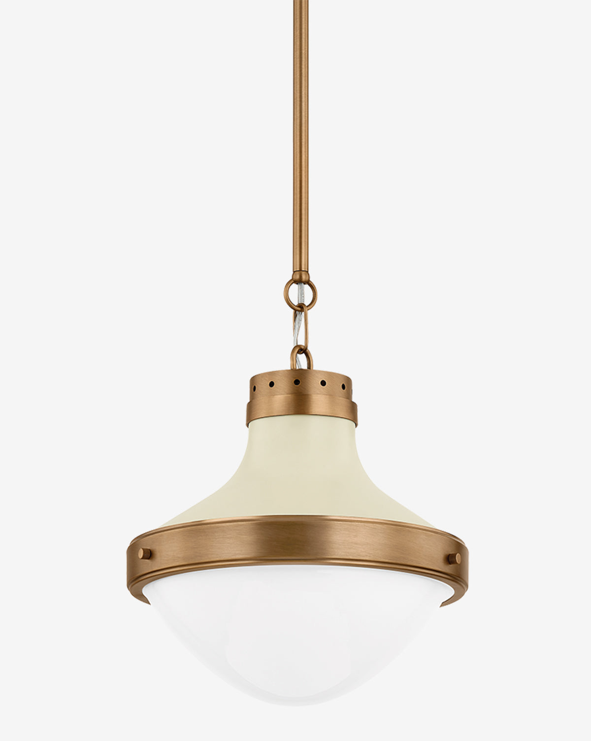The Maxton Pendant showcases patina brass hardware, a cream top, and a wide opal glossy glass dome, all elegantly suspended from a brass rod, by McGee & Co.