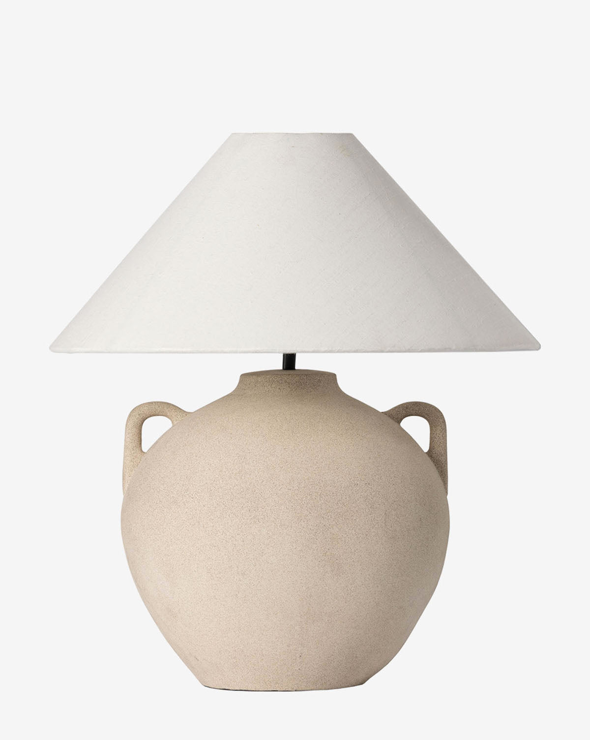 The Mays Table Lamp has a beige ceramic base with two small handles and a round shape, topped by a large white conical shade. Its vintage-inspired design is shown against a plain white background, by McGee & Co.