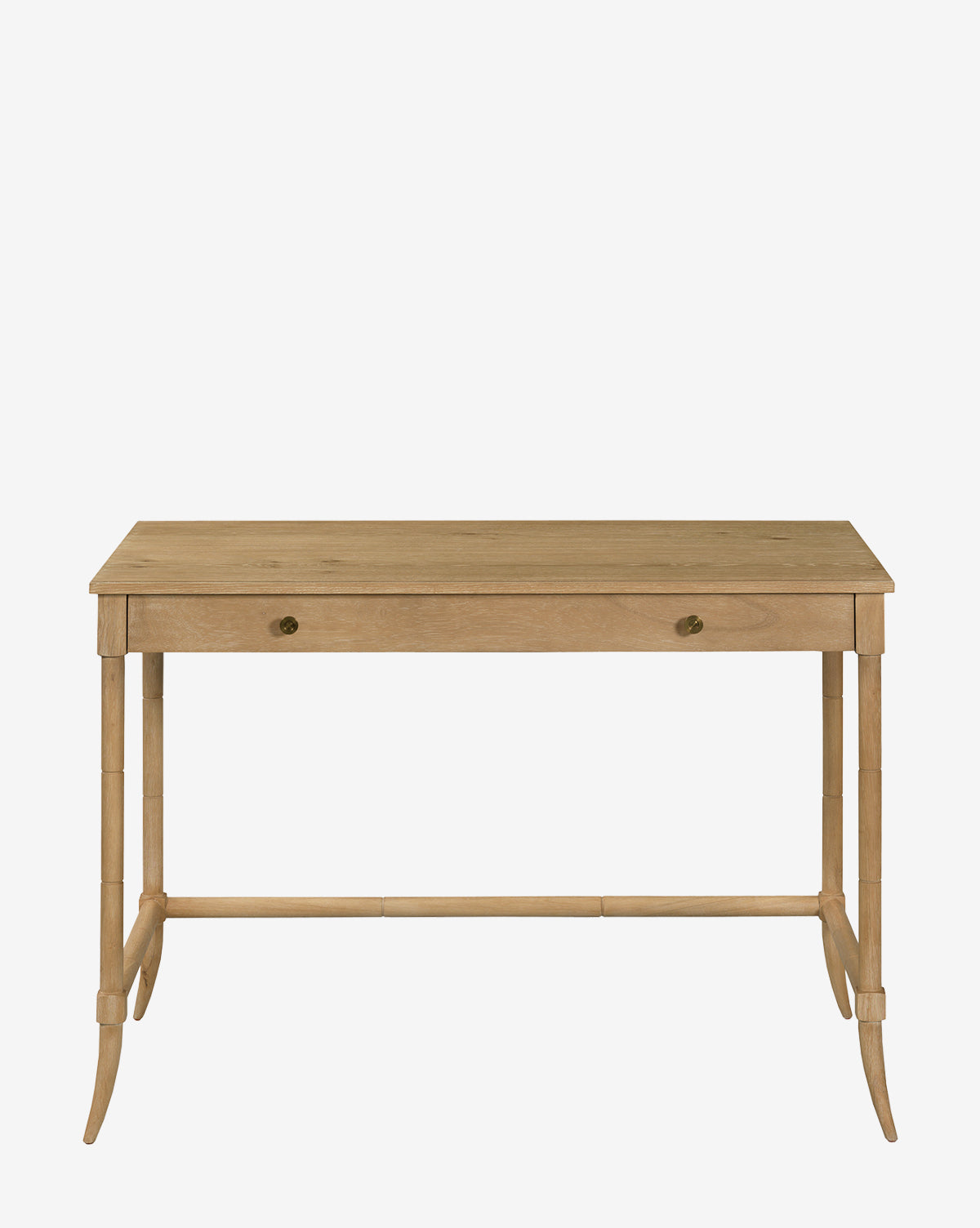 The McClusky Desk boasts a rectangular oak top, slender tapered legs, and a single front drawer with two round knobs—an elegant piece for any home office, shown on a plain white background by McGee & Co.