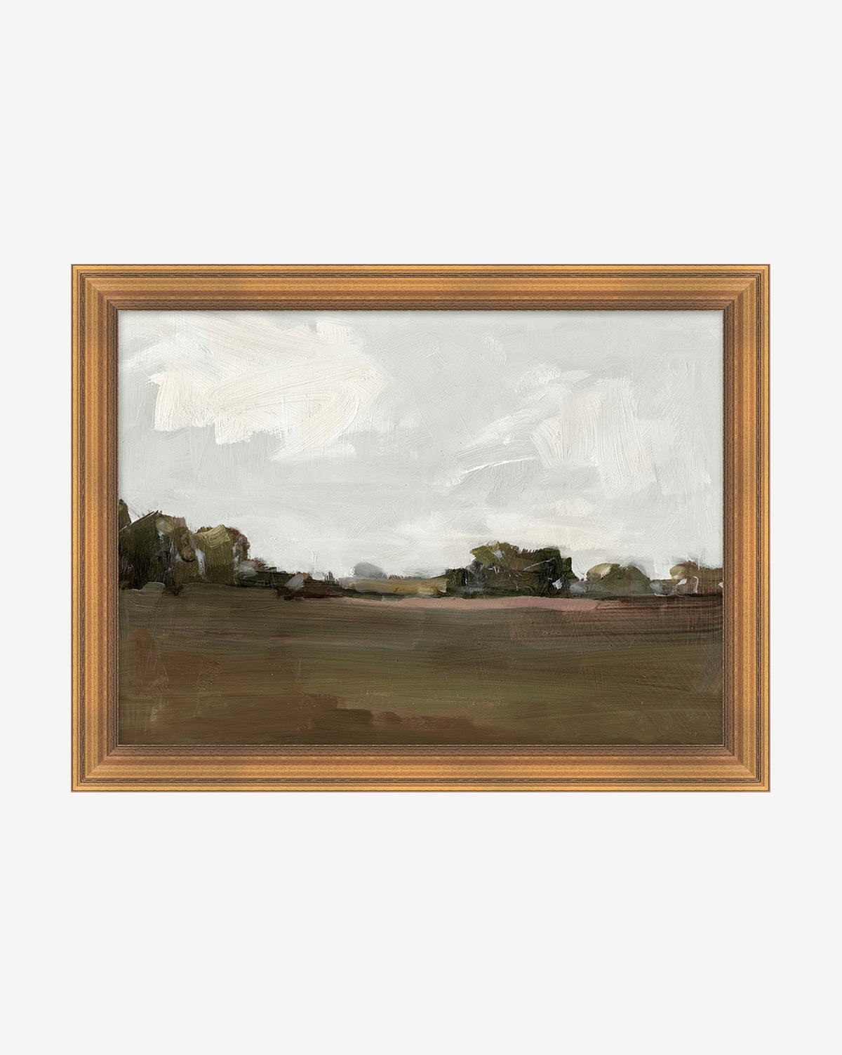 Meadow Landscape by Monique Lazard is a framed painting featuring a cloudy sky, distant green trees, and a brown field. Its loose, impressionistic brushstrokes and muted earthy tones make it ideal for home decor.