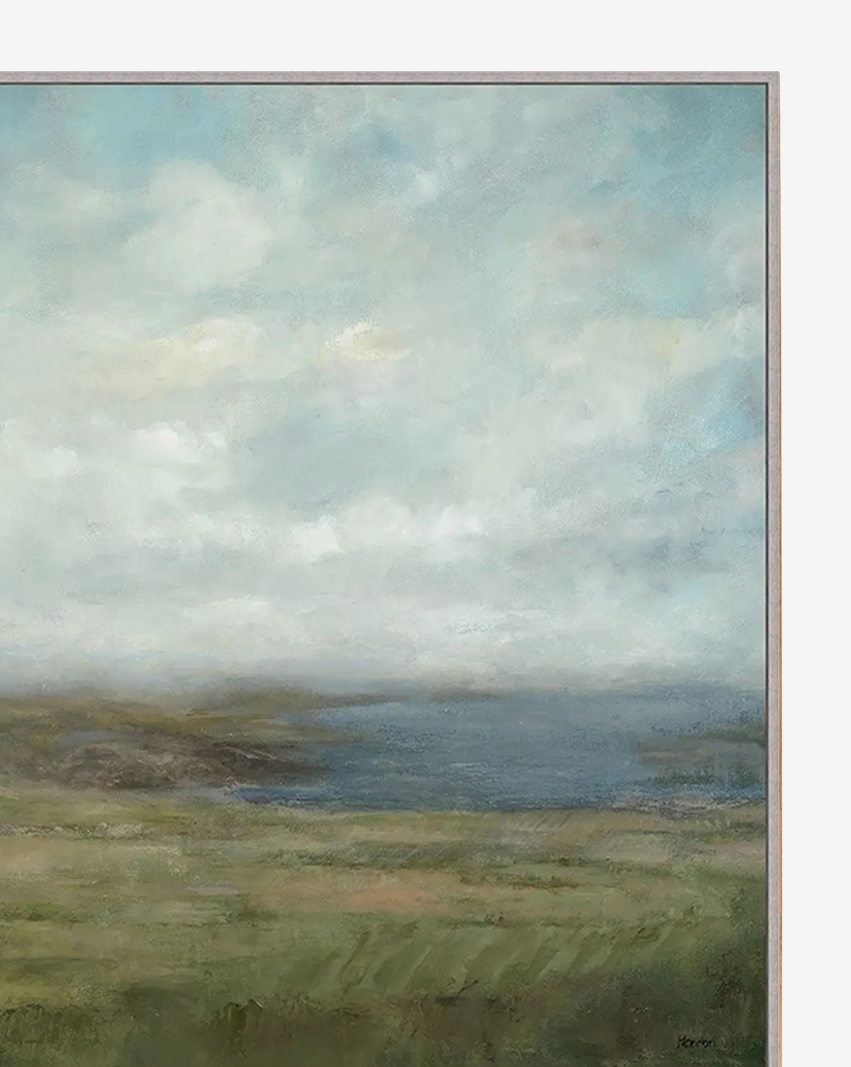 Meadow Vista by Patricia Perron depicts a tranquil grassy plain, peaceful water, and a gentle cloudy sky—an ideal giclée print to elevate your home decor, by McGee & Co.