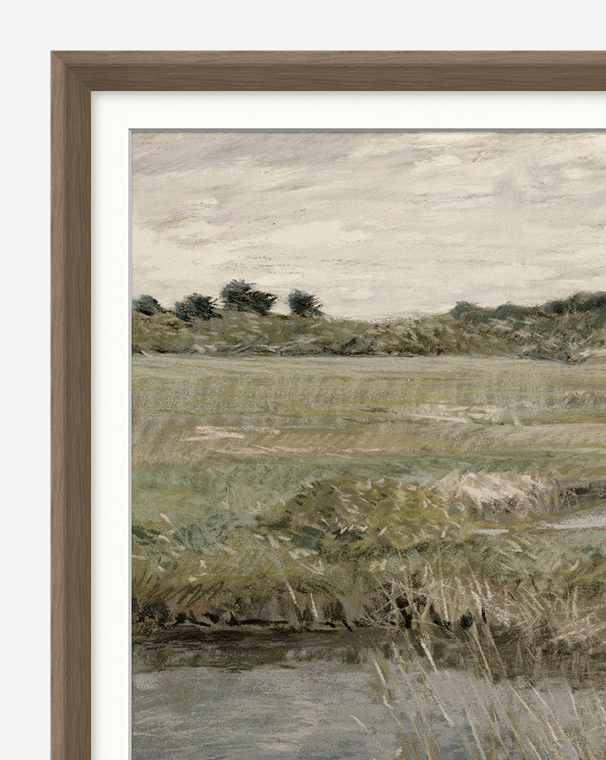 Medlock Meadow features a museum-quality wood frame highlighting a serene, grassy landscape with distant trees beneath a cloudy sky and a small body of water in the foreground.