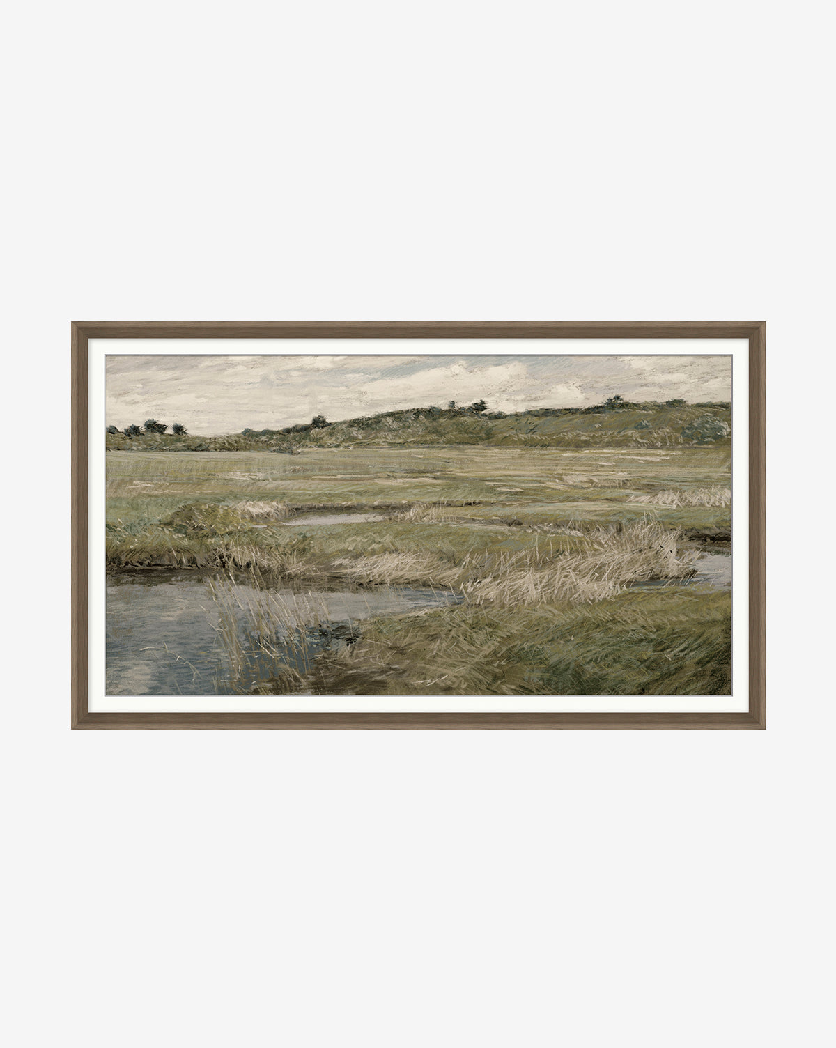 Experience “Medlock Meadow”: a museum-quality giclee print capturing windswept grasses, tranquil water, and gentle hills beneath clouded skies, all in muted greens and browns. Elegantly presented in a refined wood frame.
