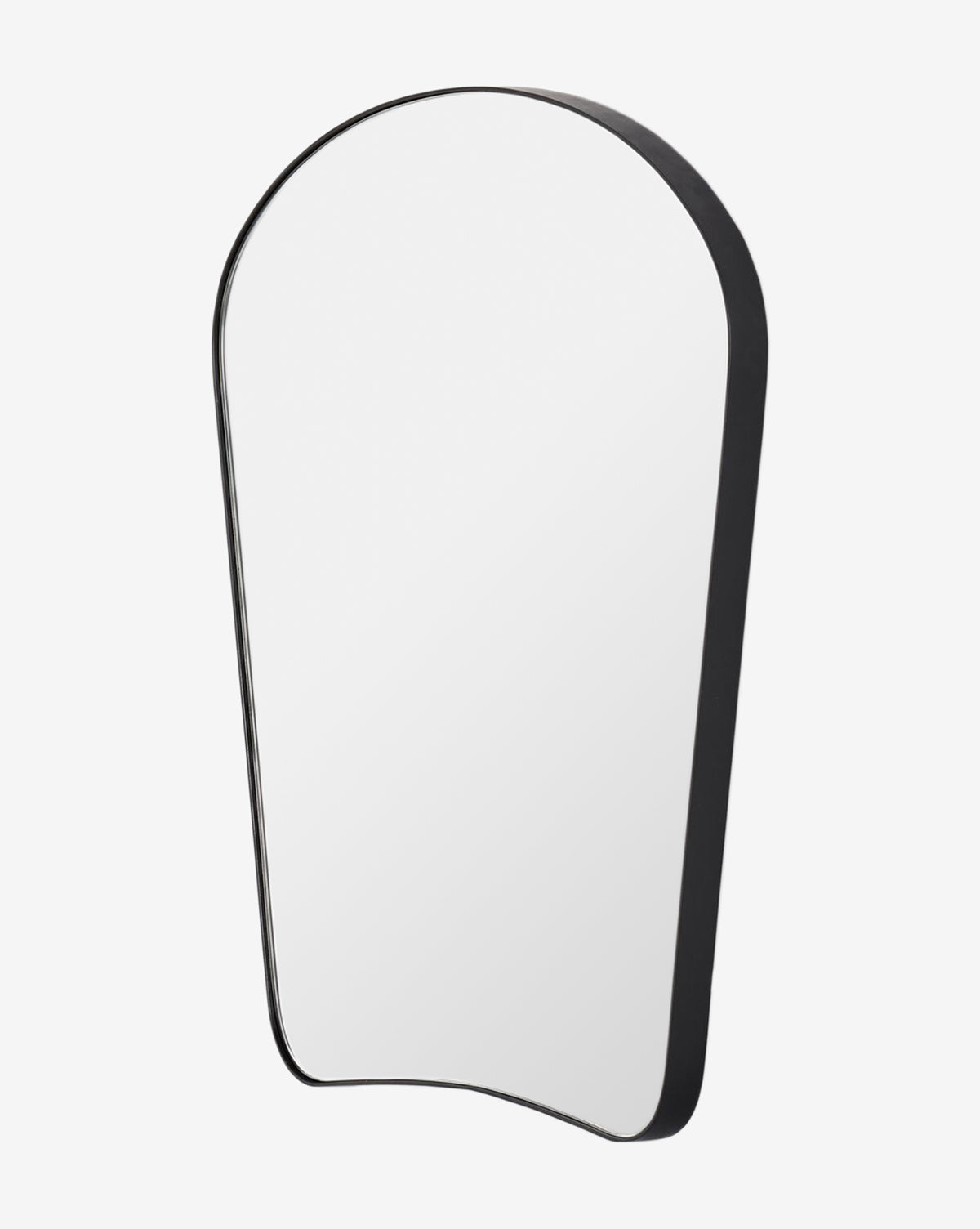 The Meera Iron Mirror is a modern wall mirror with an irregular shape, thick black iron frame, rounded top, and curved bottom edge—an elegant statement piece for any space, by McGee & Co.