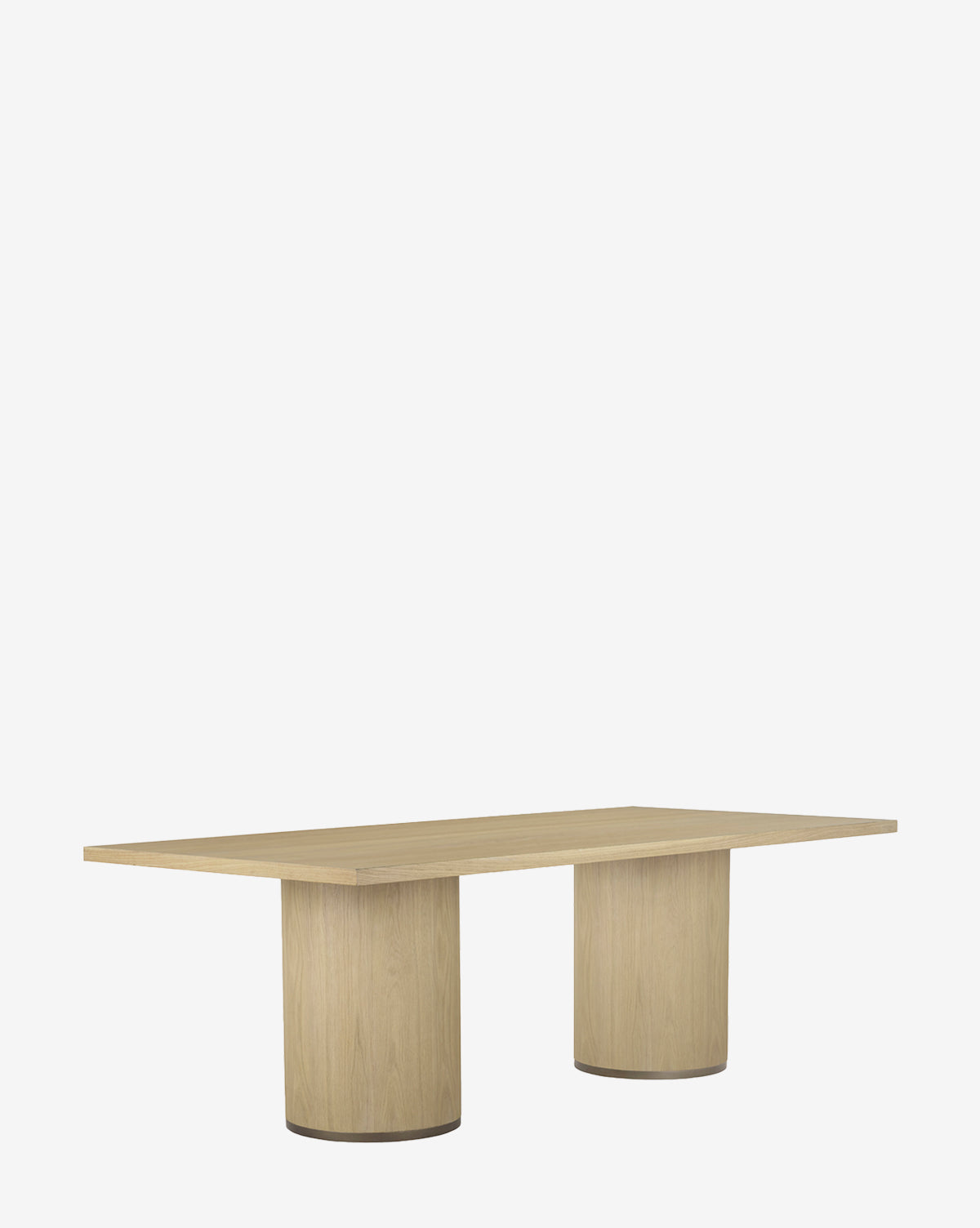 The Mellette Dining Table features a rectangular modern oak design with a flat top and two wide cylindrical legs, set against a plain white background by McGee & Co.