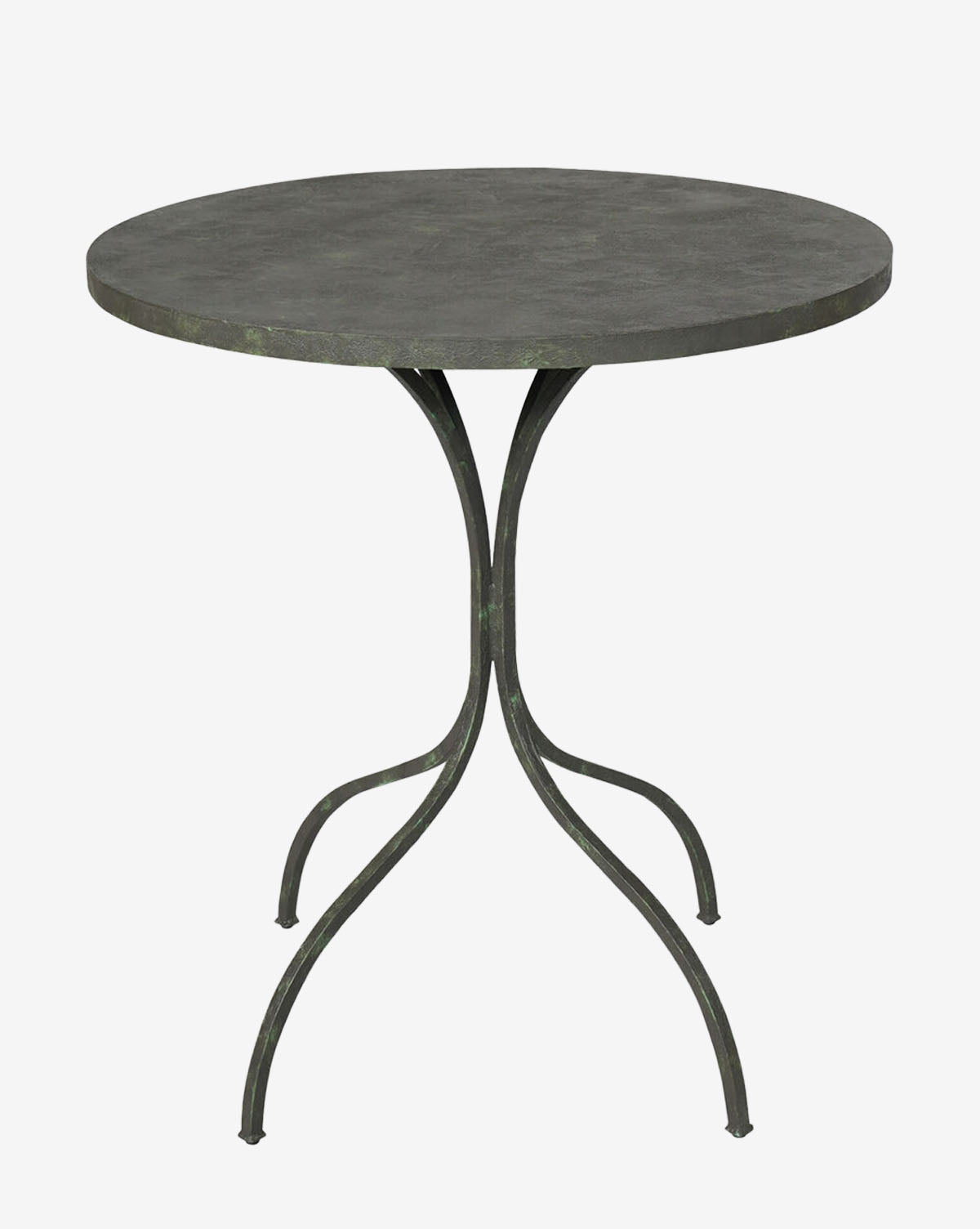 The Mellie Outdoor Table is a modern, round, dark-colored table with a slim zinc top and three curved legs that meet at the center and spread outward, by McGee & Co. It’s shown against a plain white background.