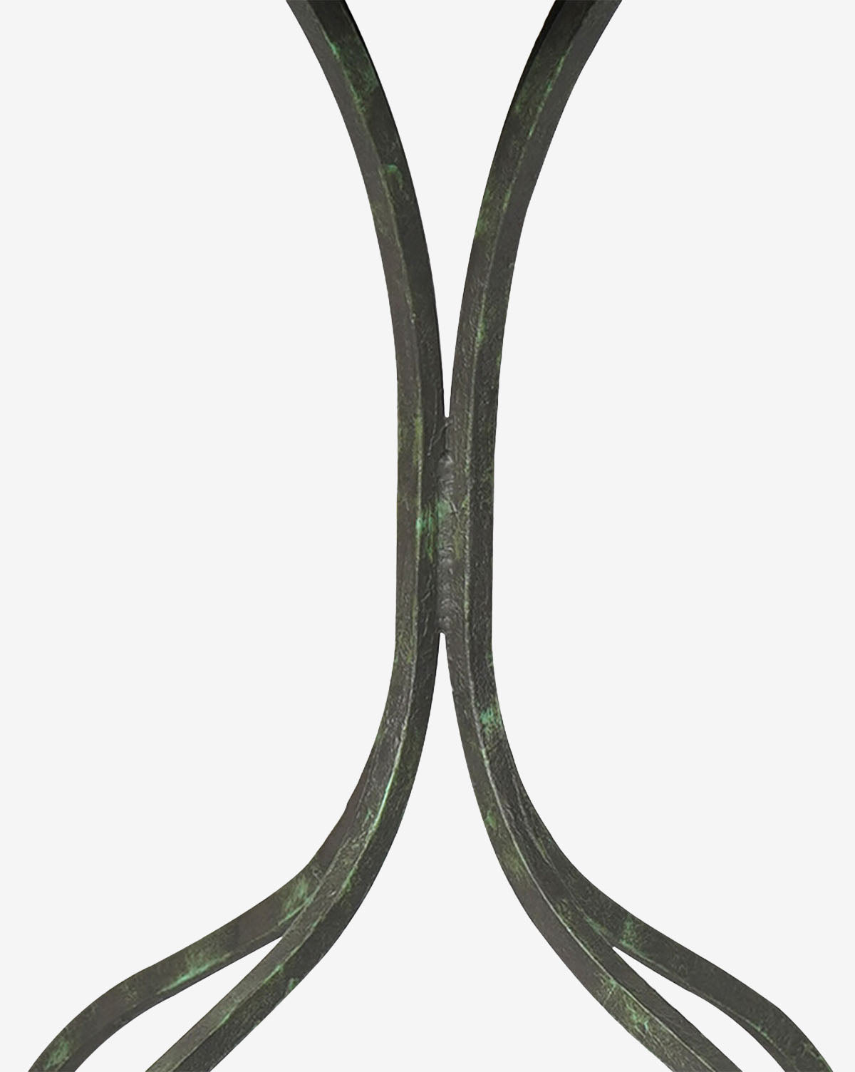 Close-up view of two curved, intersecting metal rods with a dark, weathered finish—an iconic feature of the Mellie Outdoor Table—set against a plain white background by McGee & Co.