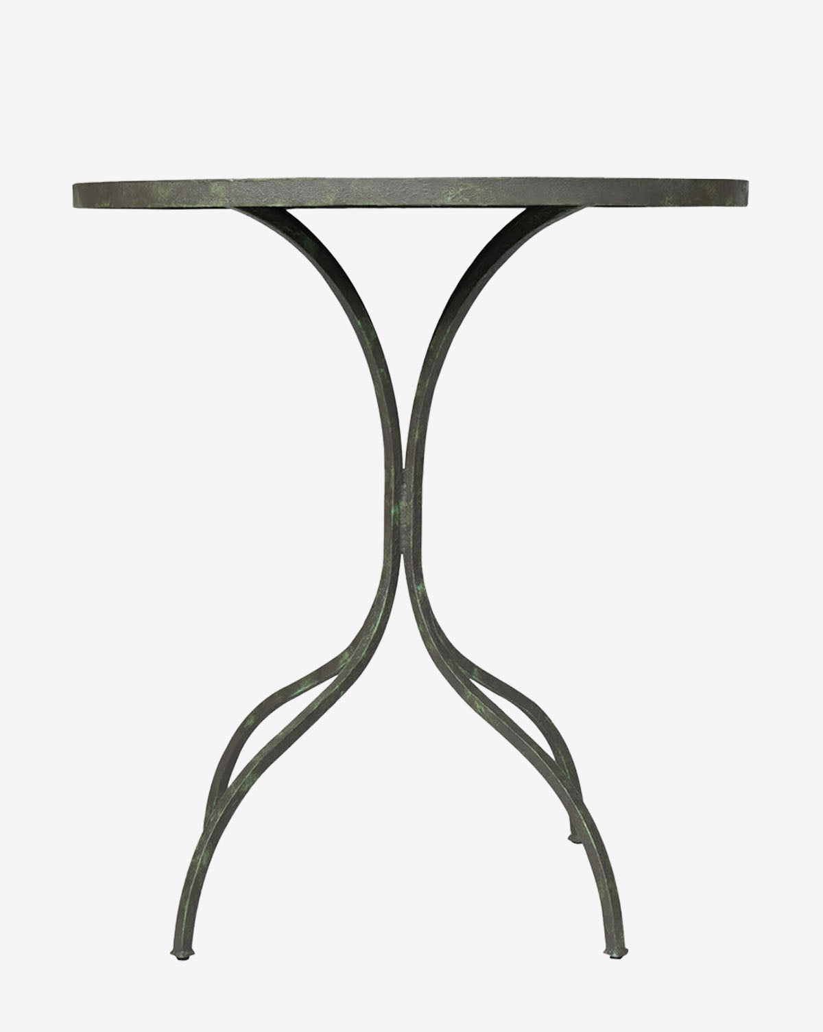 The Mellie Outdoor Table showcases a round metal design with a zinc tabletop and three curved legs converging at the center, all in a bold dark finish, by McGee & Co.