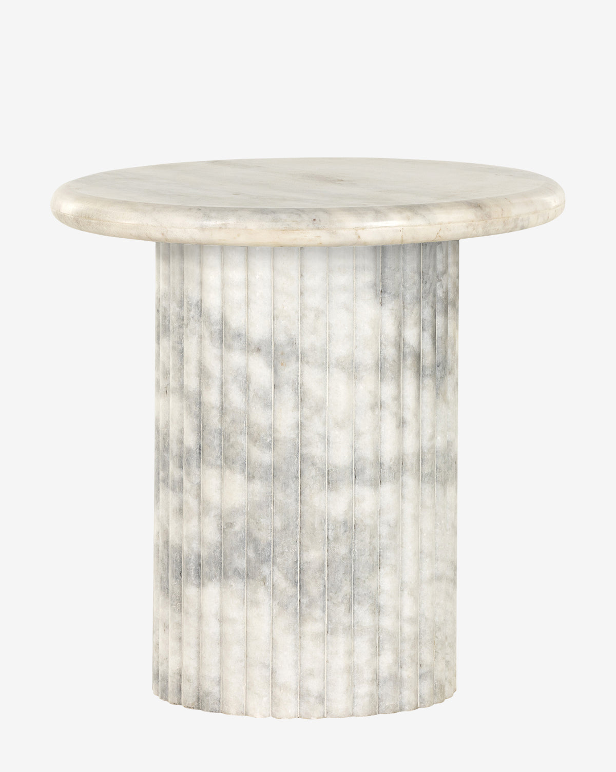 The Mendes End Table features a round, solid marble top with a smooth white surface and light gray veining, set on a reeded cylindrical base, by McGee & Co.