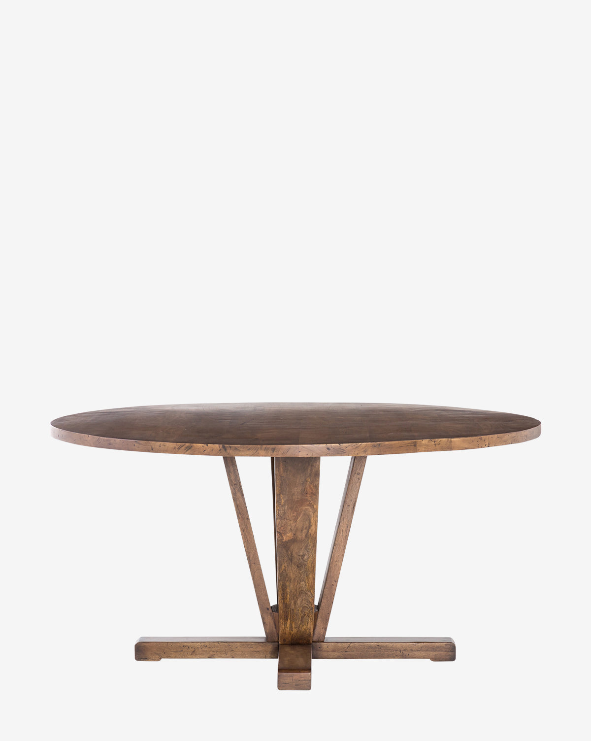 The Mia Dining Table showcases a smooth, round reclaimed wood top and a distinctive V-shaped support, serving as a rustic centerpiece on a plain white background.