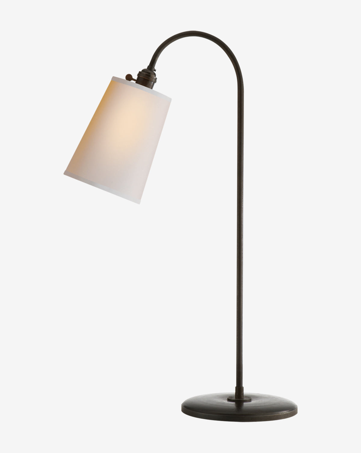 The Mia Table Lamp features a black curved metal stand, white conical lampshade, and circular base, providing stylish lighting against a plain white background by McGee & Co.
