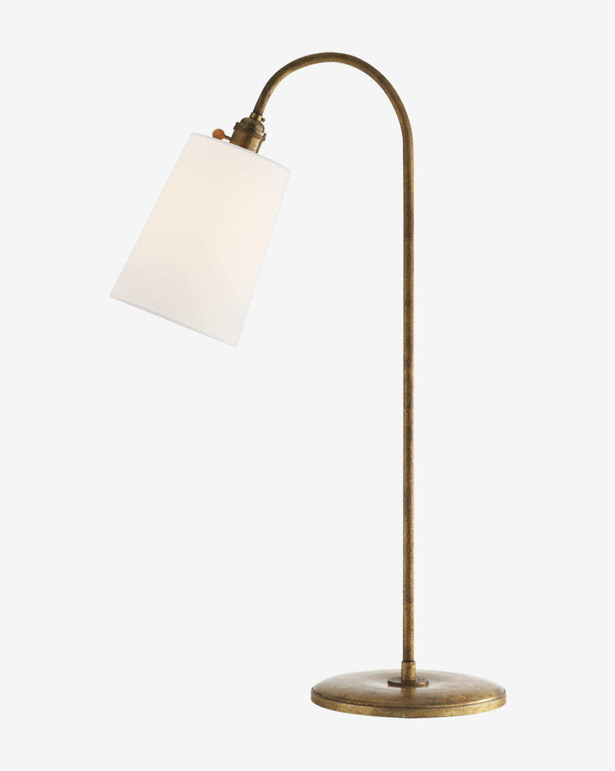 The Mia Table Lamp features a gilded iron finish, curved neck, round base, and white conical lampshade angled downward—blending vintage and modern styles in an elegant desk lamp design, by McGee & Co.