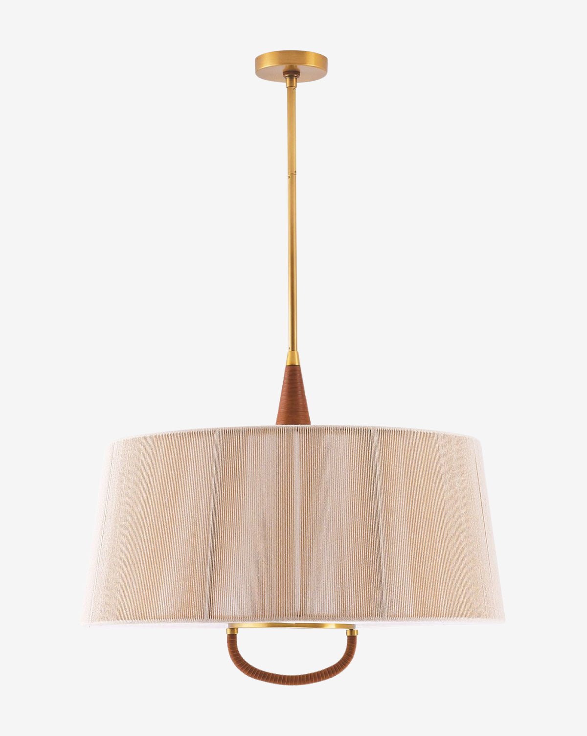 The Middlebury Pendant showcases refined lighting with a gold rod, brown accents, and a wide beige drum shade, hanging elegantly from the ceiling, by McGee & Co.
