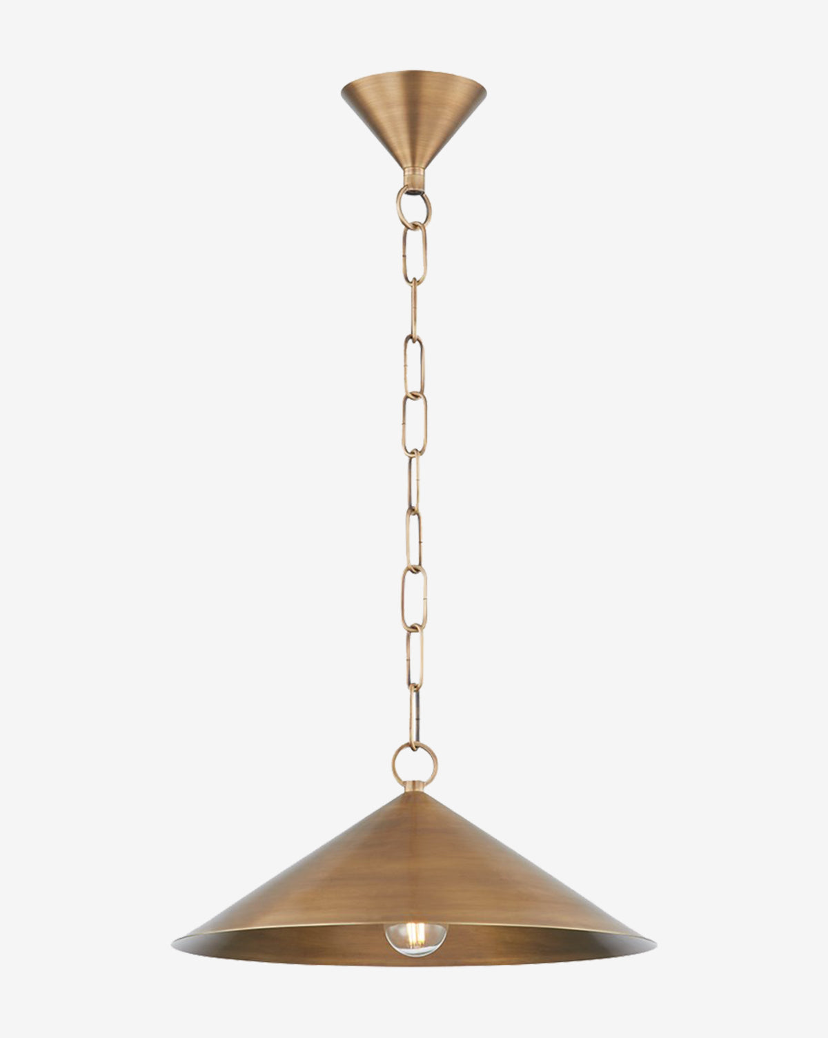 The Midvale Pendant showcases a conical shade in patina brass, suspended by a chain and ceiling mount, against a plain white background, by McGee & Co.