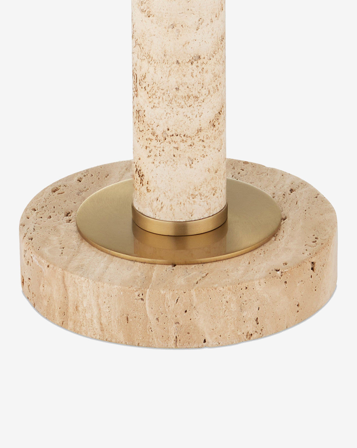 Close-up of the Miles Table Lamp: a round beige travertine stone base with a cylindrical column and gold metal accent, highlighting timeless elegance against a white background, by McGee & Co.
