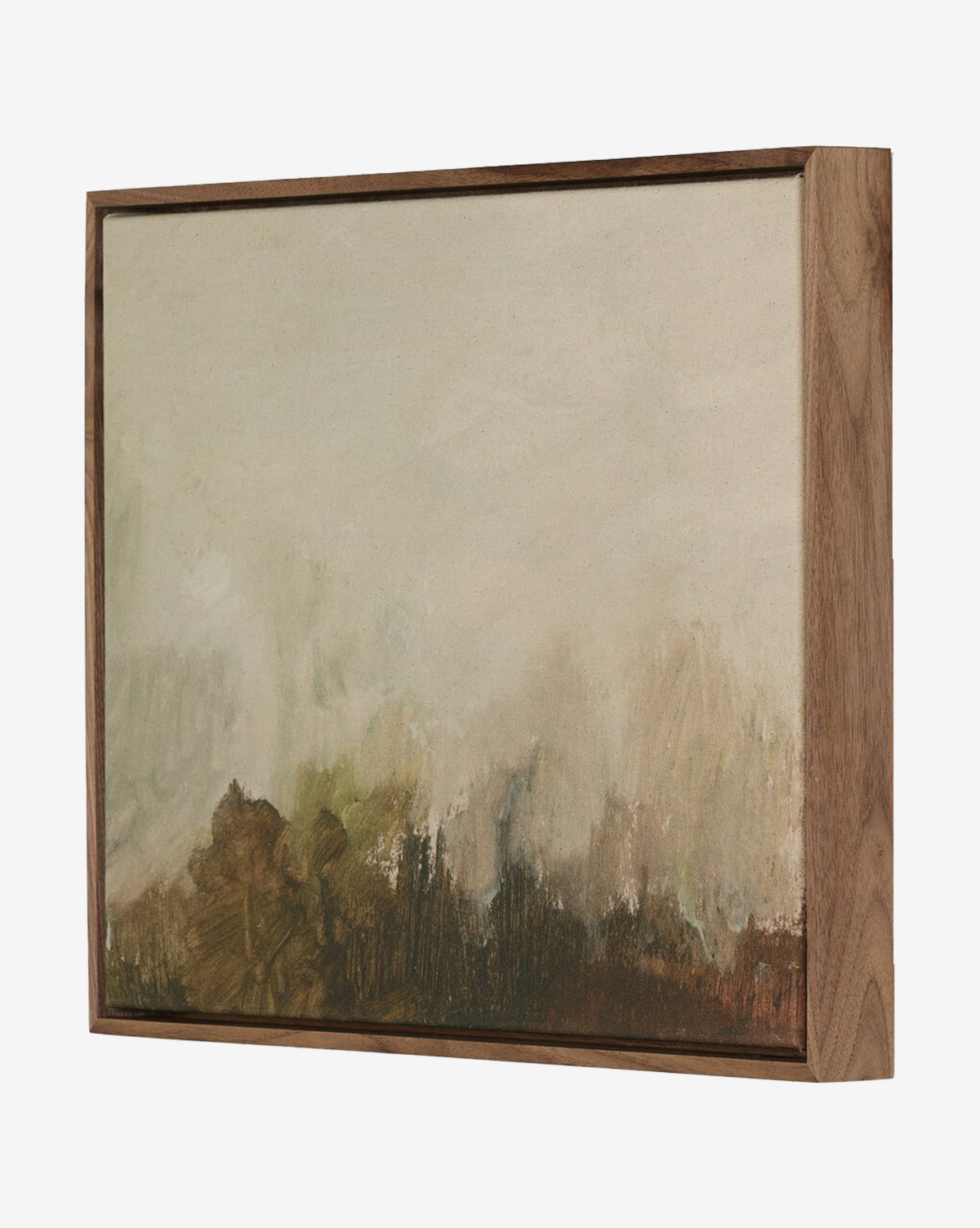 Minato by Dan Hobday is a framed abstract landscape with soft earthy tones and blurred patches of brown, green, and beige that evoke a misty scene. Set in a medium-toned wood frame, it offers museum-quality artwork for your space, by McGee & Co.