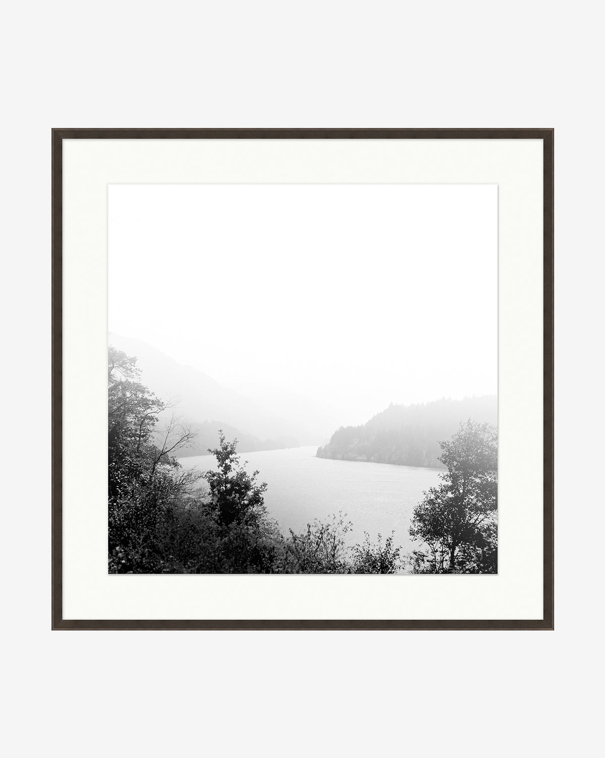 Mist on the Lake is a black and white photography print featuring a misty lake bordered by trees and hills, viewed from the shore with foreground foliage. This gallery-quality artwork comes framed with a simple dark border.