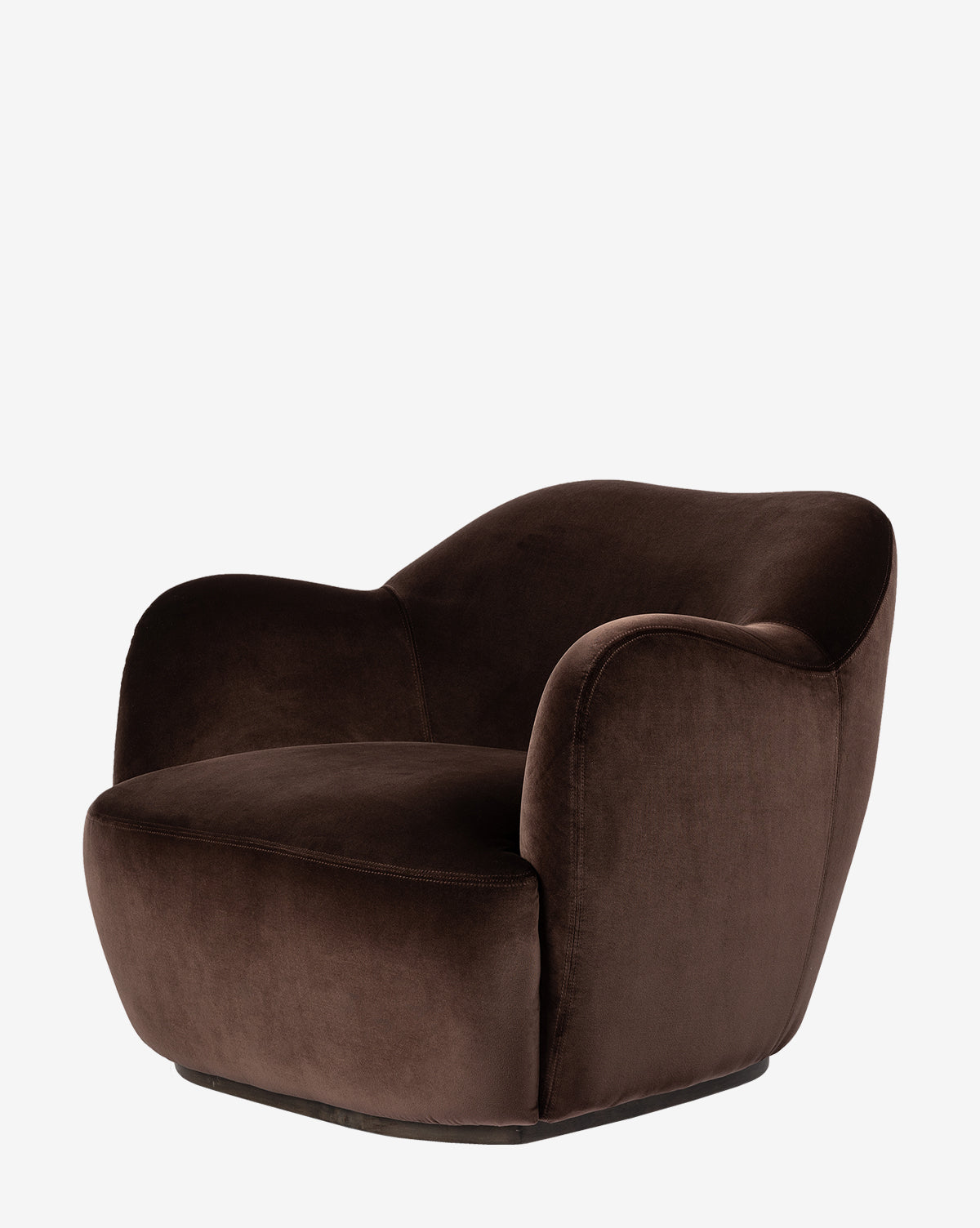 The Moira Swivel Chair features a plush, modern design with rounded edges, a wide cushioned seat, curved armrests, and rich cocoa upholstery, shown against a plain white background by McGee & Co.