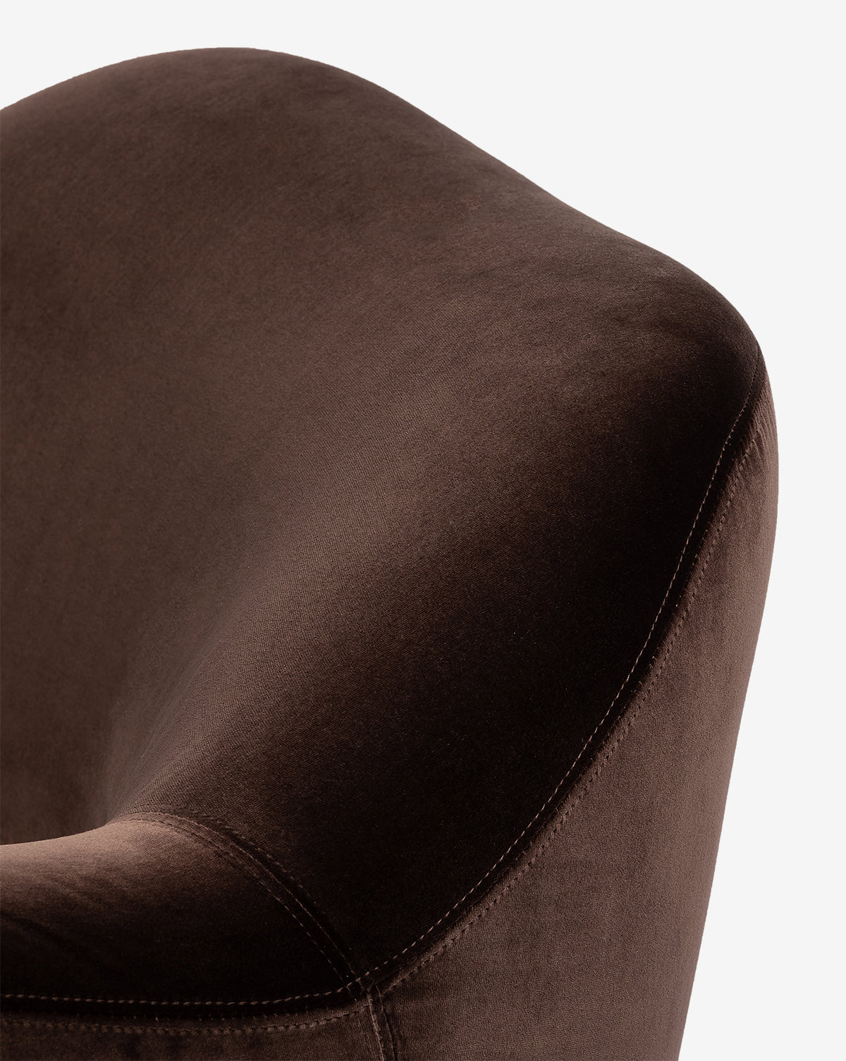 Close-up of the curved backrest on the Moira Swivel Chair in brown cocoa fabric, showcasing its smooth texture and detailed seam stitching against a white background, by McGee & Co.
