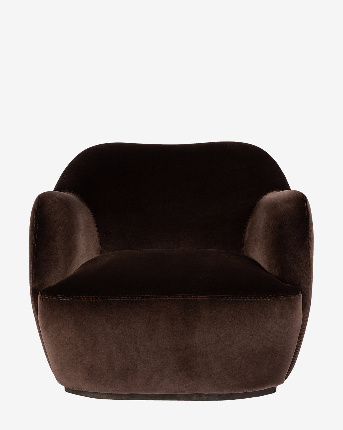 Front view of the Moira Swivel Chair by Four Hands, upholstered in plush dark brown velvet with rounded edges and a low backrest—ideal for the living room, shown against a plain white background, with the exact string McGee & Co. blended at the end.
