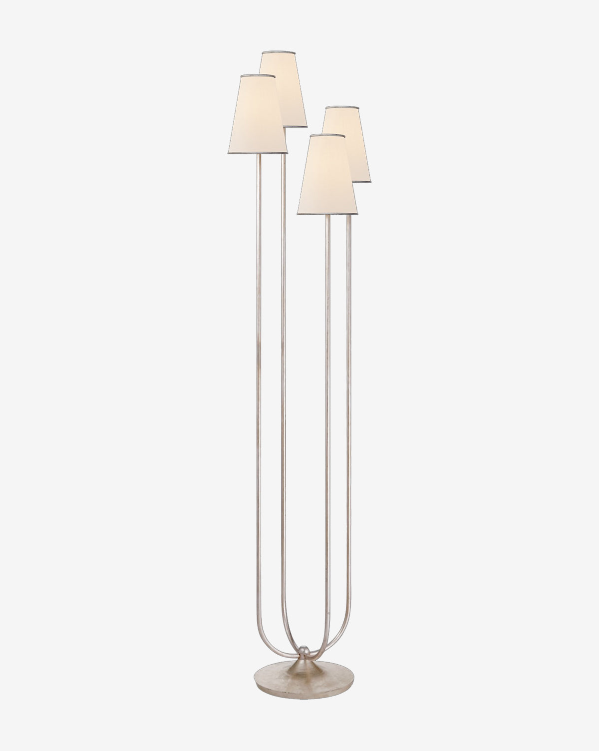 The Montreuil Floor Lamp showcases four tall, curved metal stems with white lampshades on a single round base—a modern accent ideal for your living room or home office, by McGee & Co.