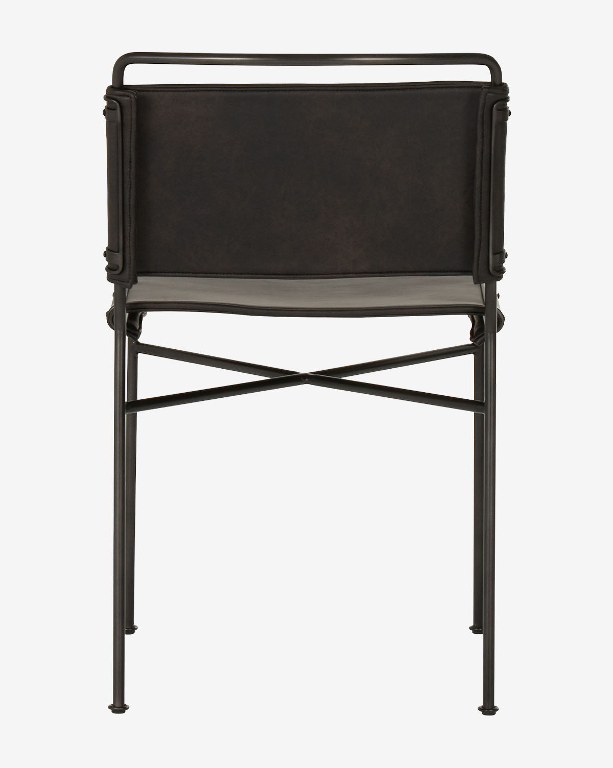 The Moore Dining Chair features a modern industrial look with a black metal frame, rectangular backrest, and slim legs in a minimalist design, shown from the back against a white background, by McGee & Co.