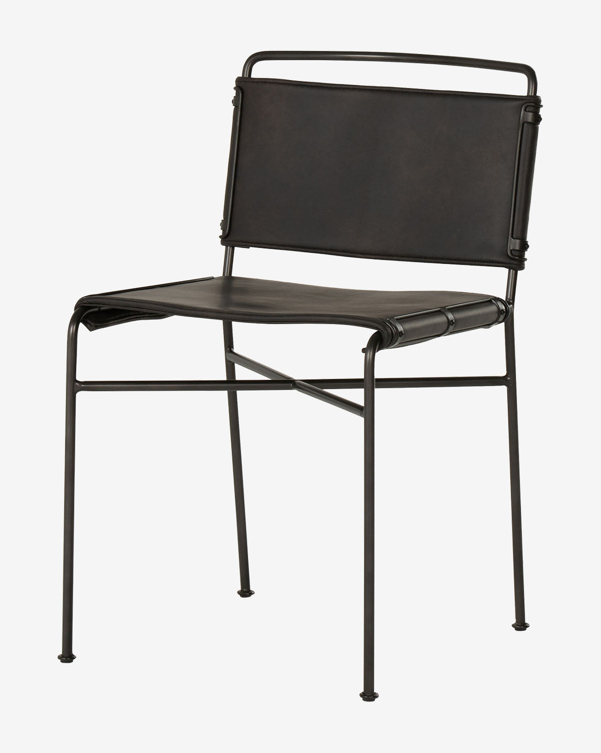 The Moore Dining Chair features a minimalist industrial style with a simple rectangular backrest and seat upholstered in black leather or faux leather, paired with slender metal legs, by McGee & Co.