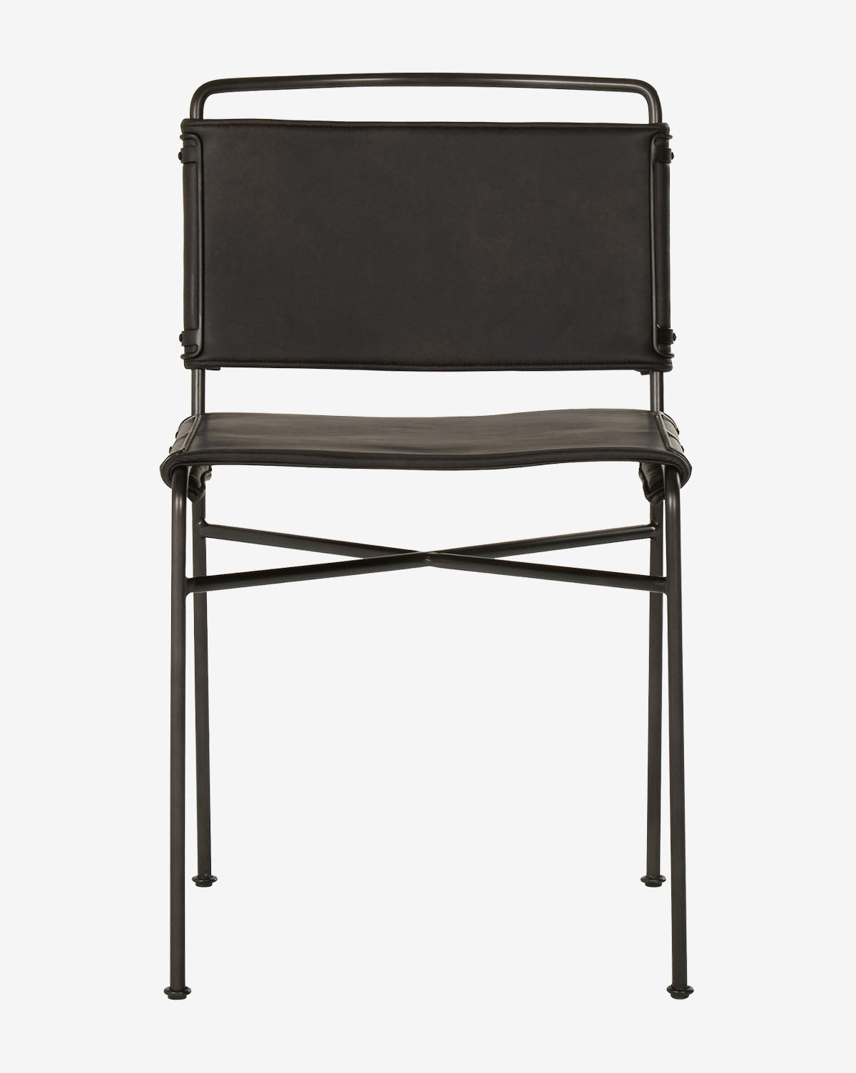 The Moore Dining Chair features a modern industrial style with a rectangular backrest and seat, smooth minimalist design, and slim legs, by McGee & Co. Its displayed facing forward against a plain white background.