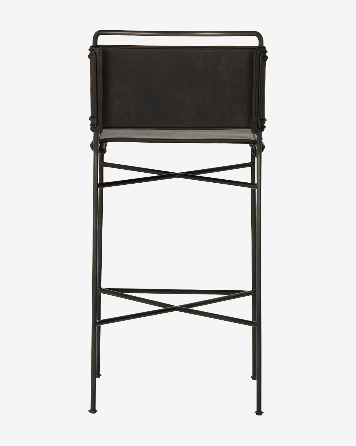 The Moore Stool features a black cushioned backrest, dark metal frame, and thin crossbar-connected legs for an industrial, modern look, by McGee & Co. Shown from the back, its sleek design highlights both comfort and style.