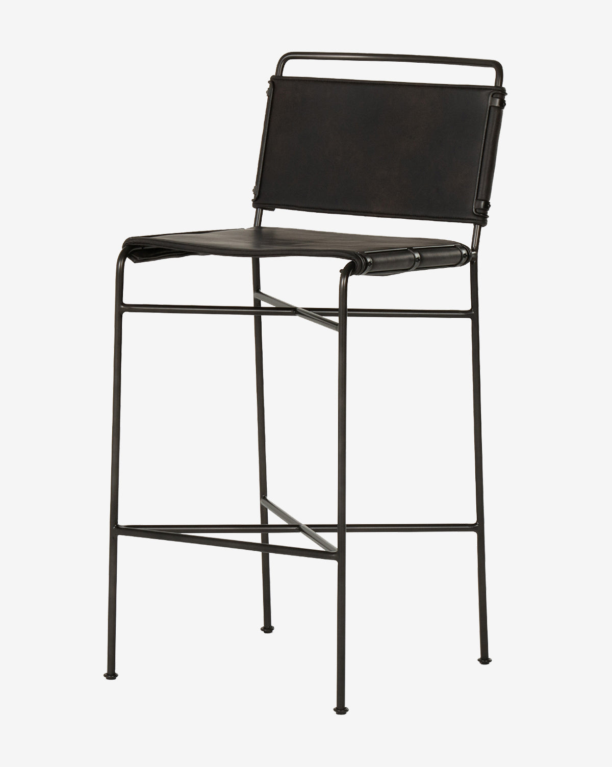 The Moore Stool features a black metal frame, rectangular leather backrest and seat, plus slender legs with crossbar supports for stability, all in a minimalist industrial style, by McGee & Co.