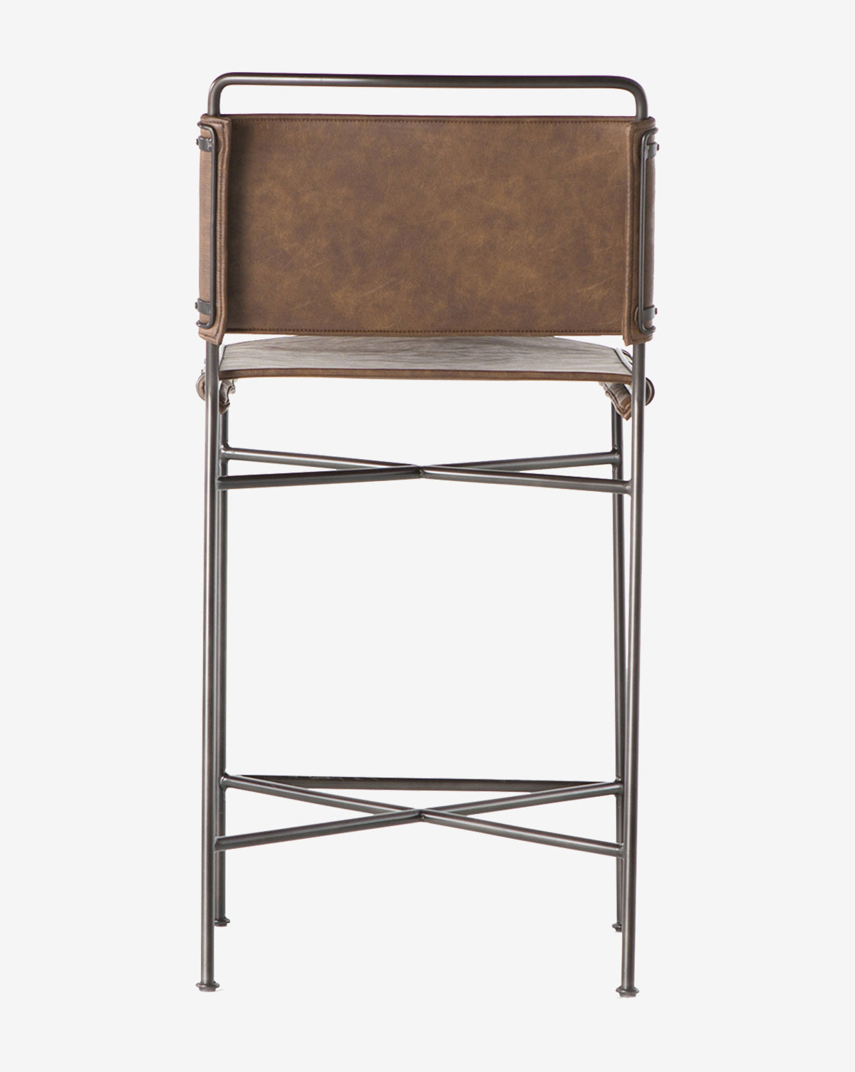 The Moore Stool features a tall, industrial design with a brown leather backrest, metal frame, and rectangular seat, shown from the back on a plain white background by McGee & Co.